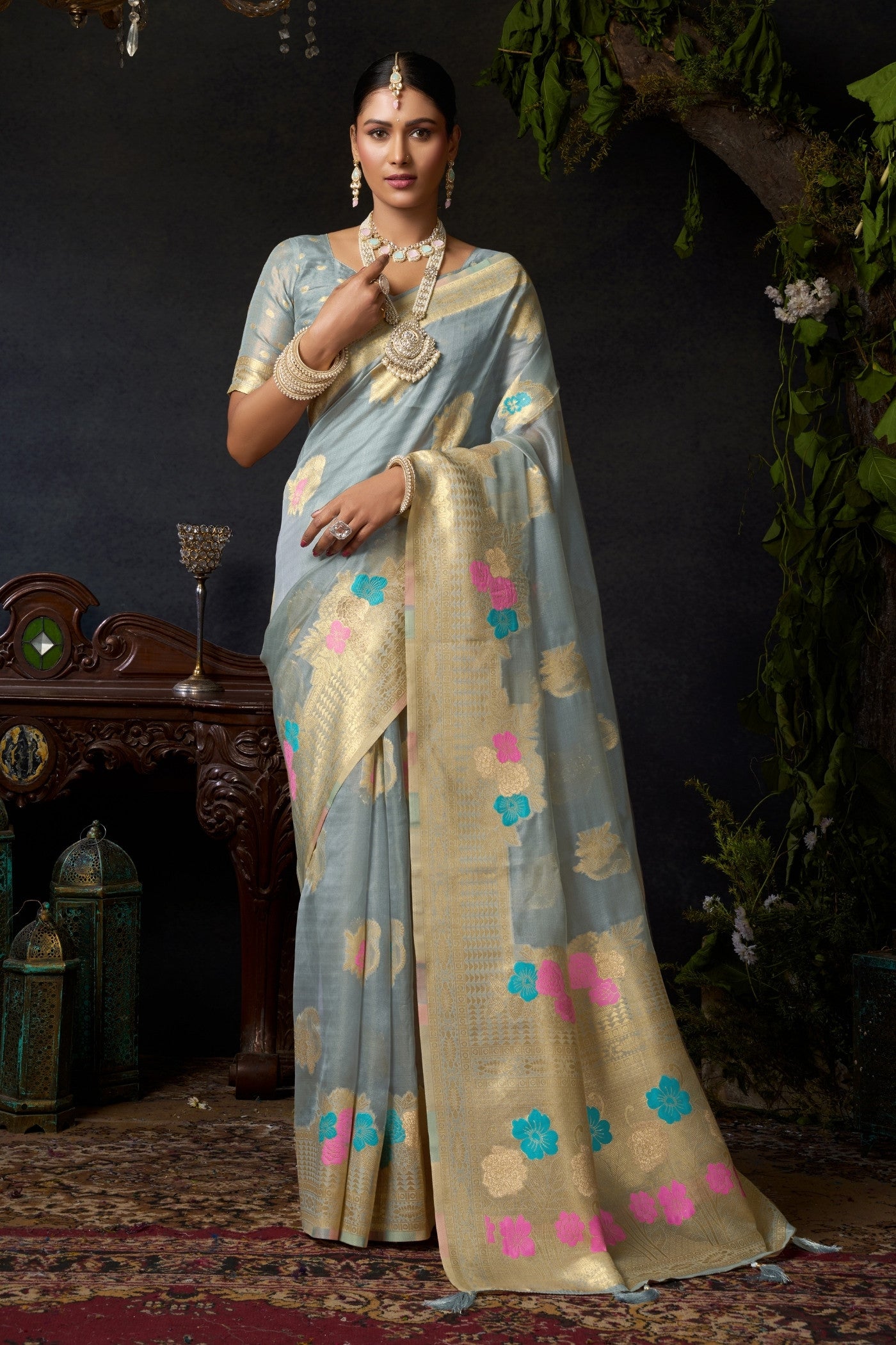 Buy MySilkLove Silver Grey Woven Banarasi Organza Saree Online