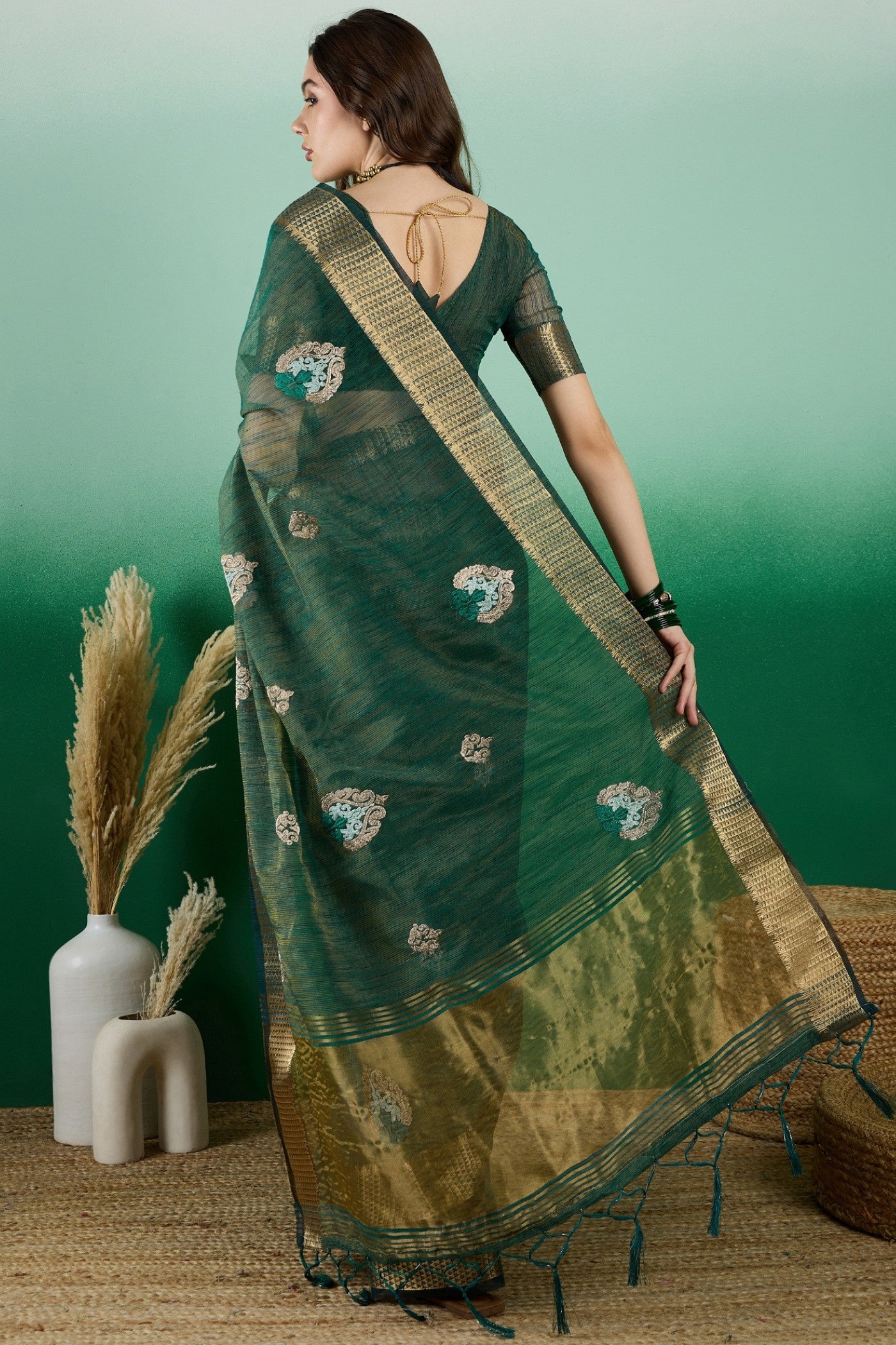 Buy MySilkLove Everglade Green  Organza Saree Online