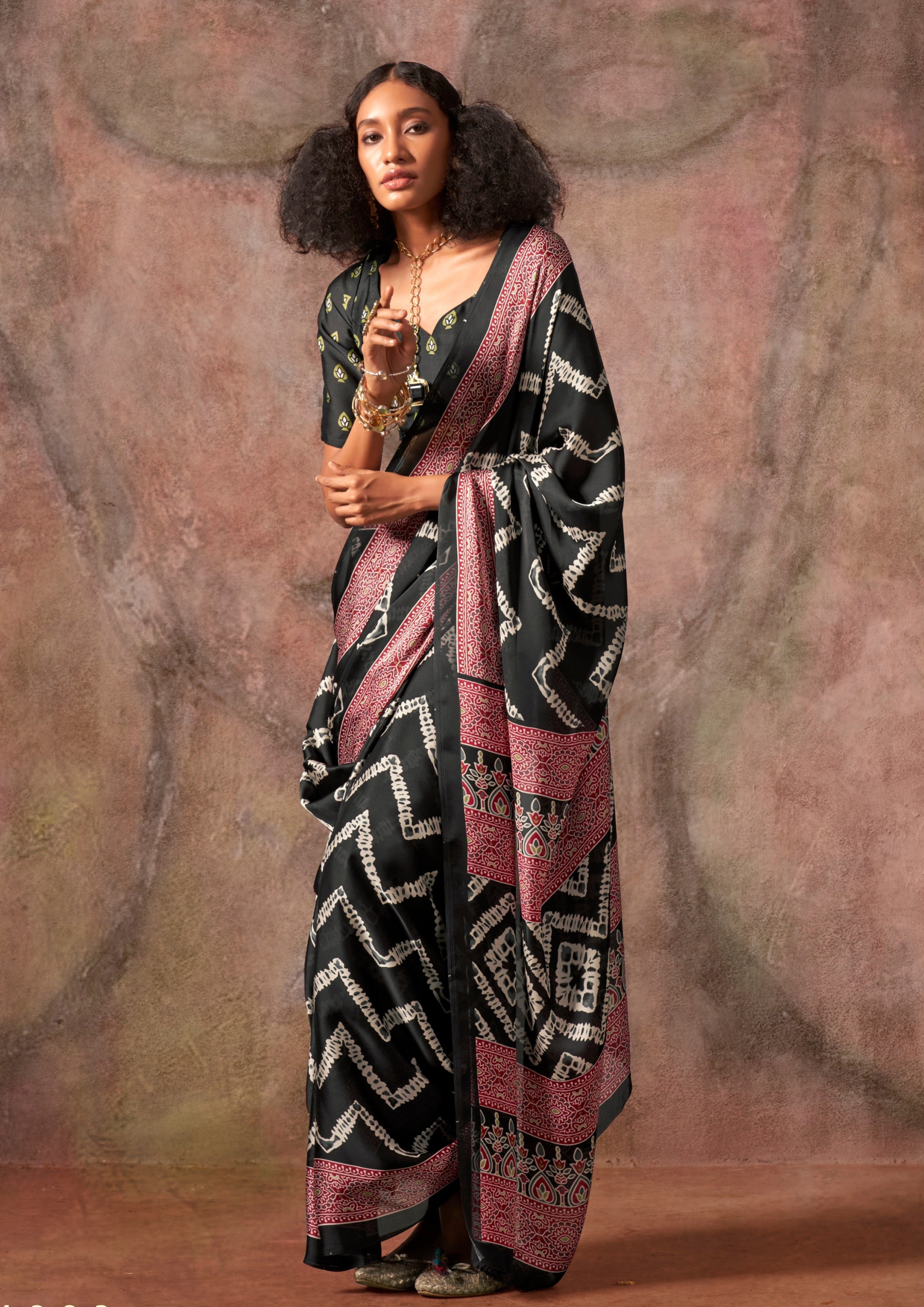 Buy MySilkLove Black Raisins Ajrakh Printed Satin Georgette Silk Saree Online