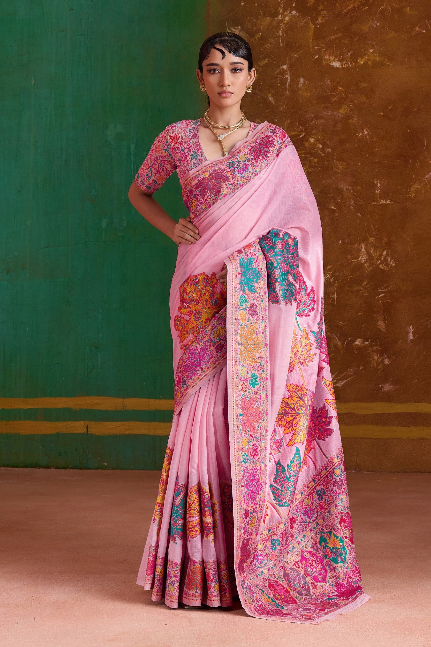 Buy MySilkLove Rubicund Pink Kashmiri Handloom Jamewar Saree Online