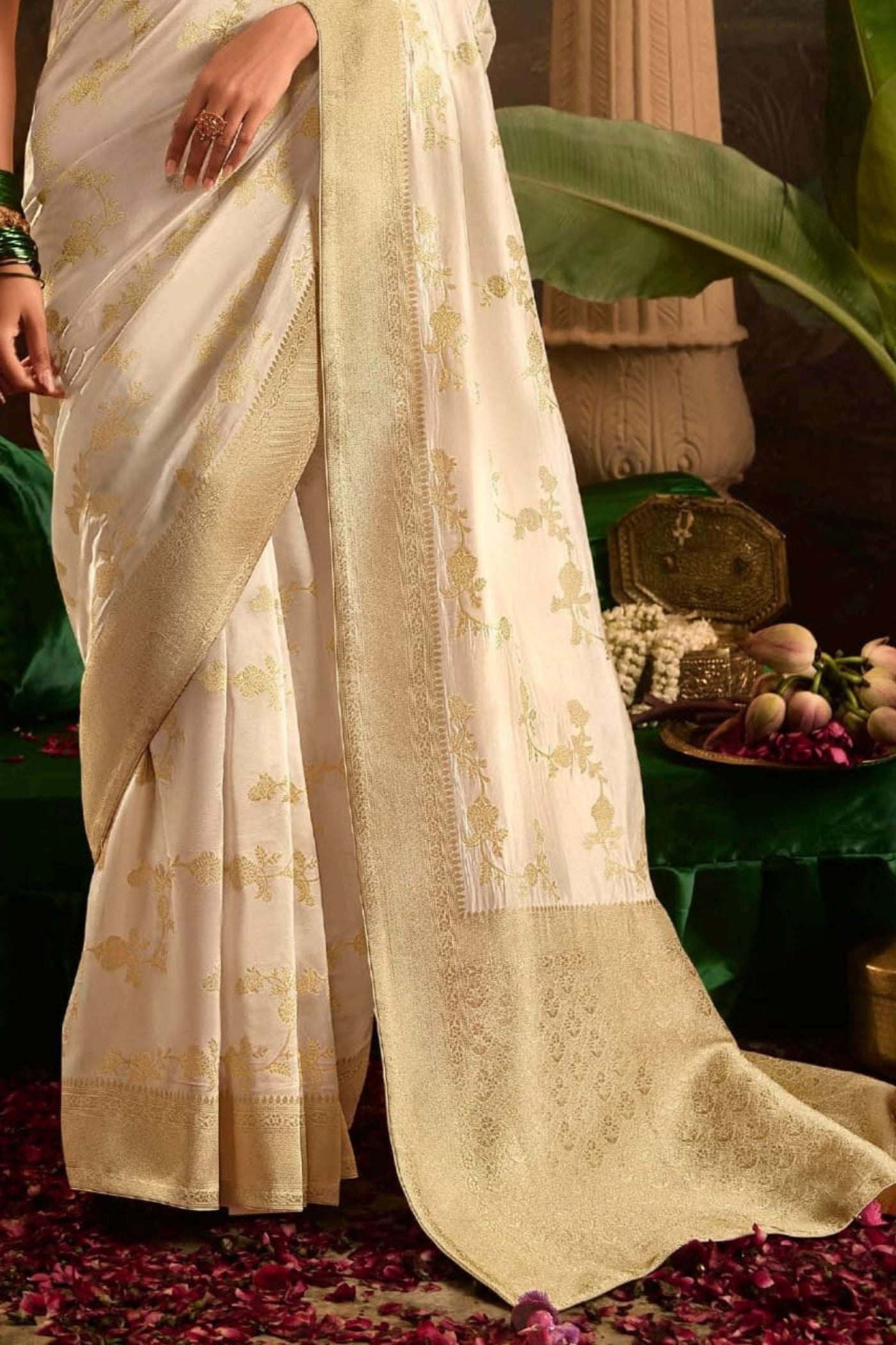 Buy MySilkLove Barley White Designer Banarasi Dola Silk Saree Online