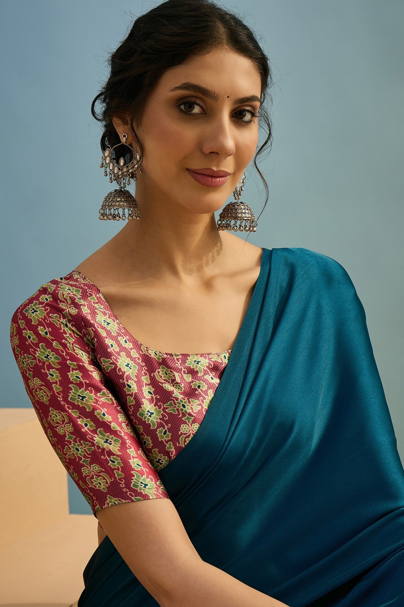 MySilkLove Arcane Blue Ajrakh Printed Satin Crepe Silk Saree