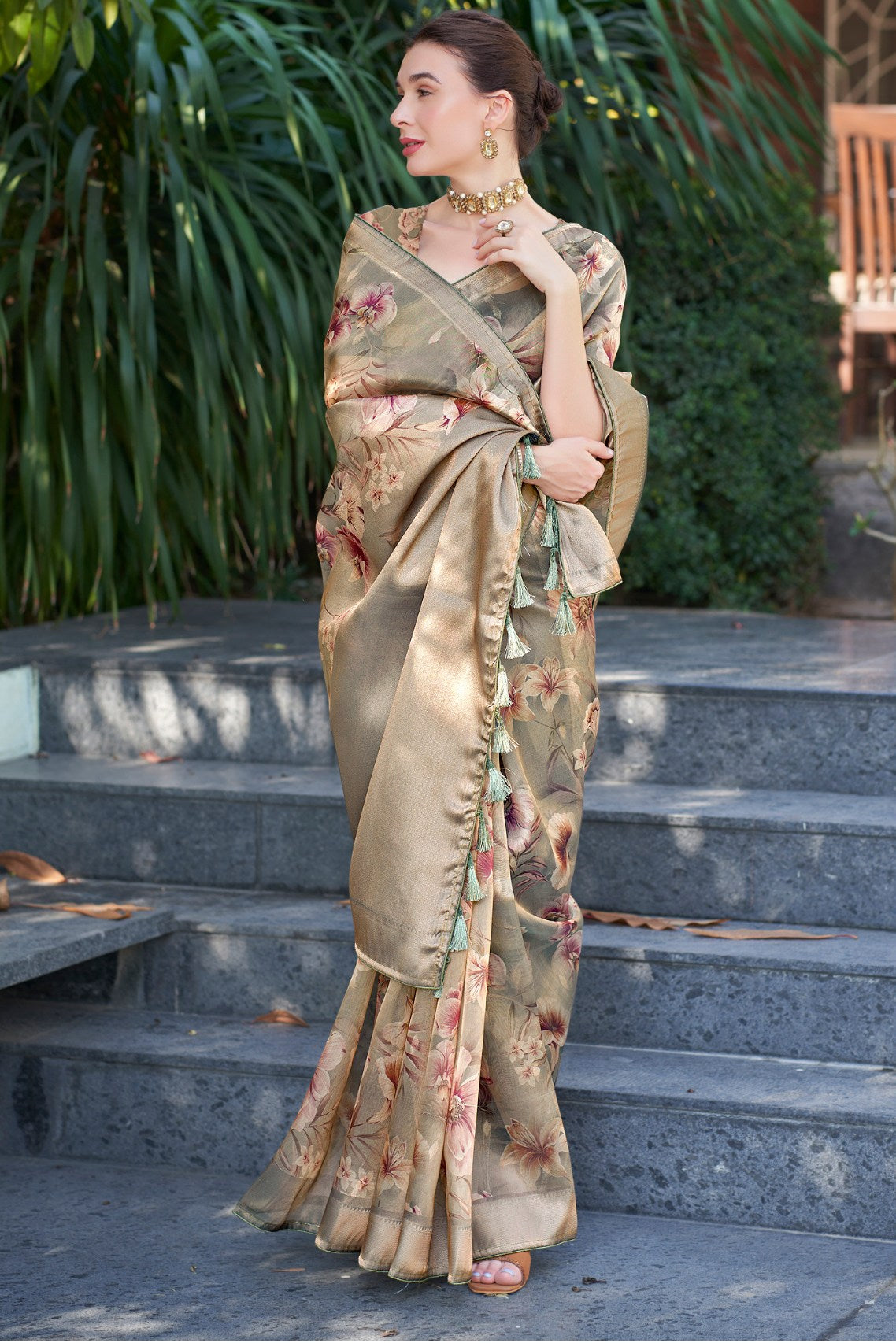 Buy MySilkLove Beaver Brown Digital Printed Organza Saree Online