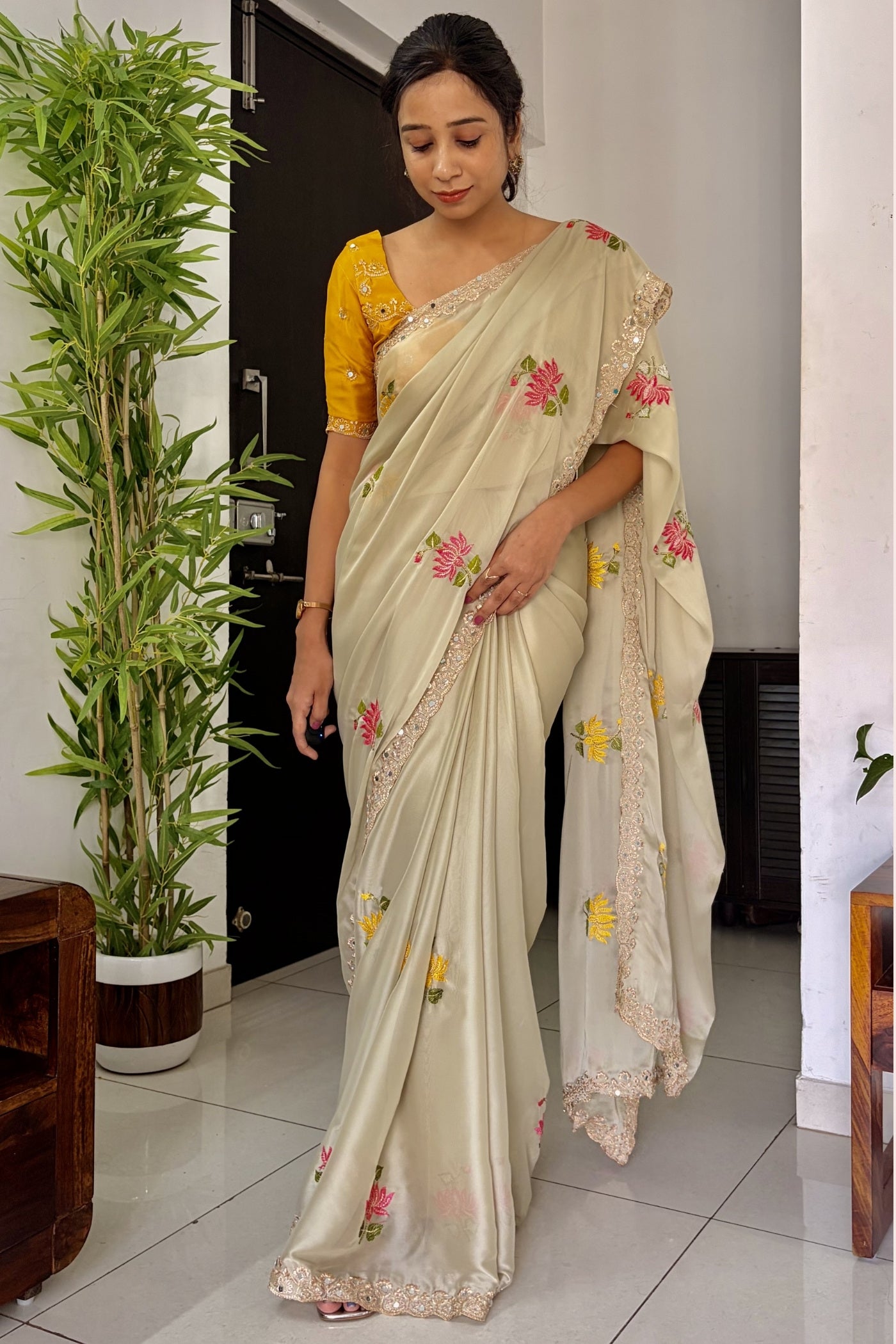 Buy MySilkLove Dutch Cream and Yellow Embroidery Chiffon Floral Saree Online