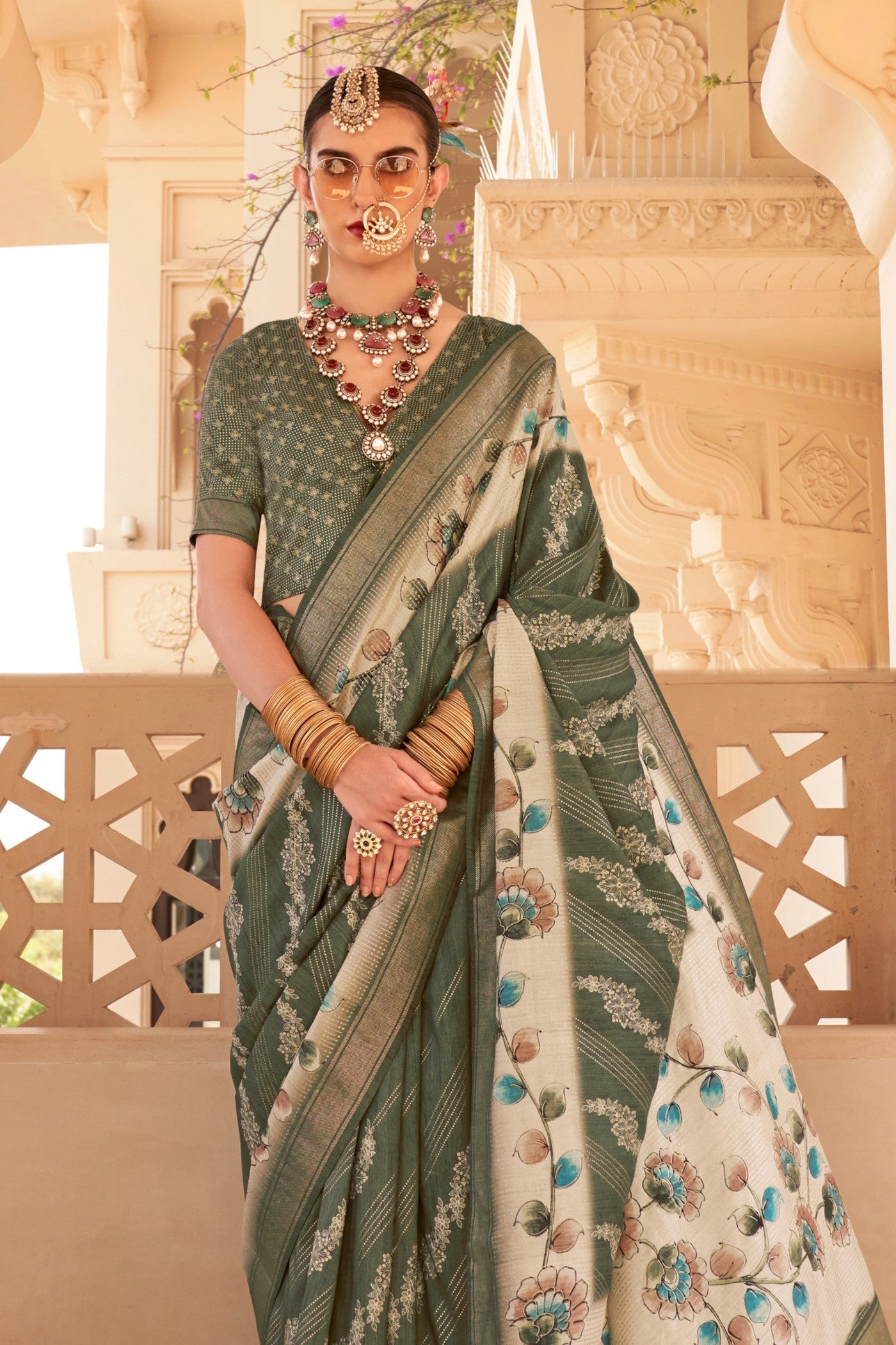 Buy MySilkLove Hemlock Green Floral Printed Banarasi Saree Online