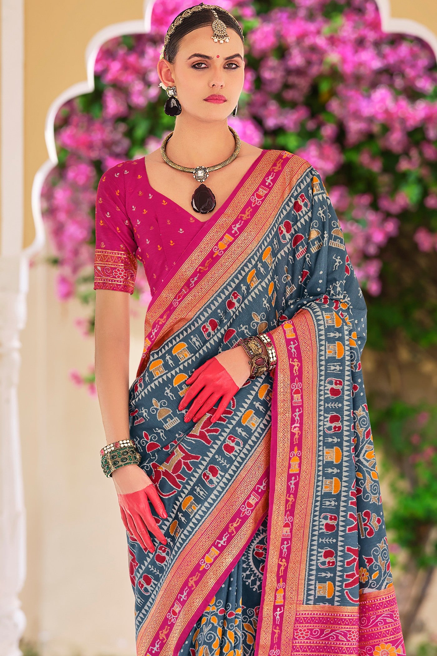 Buy MySilkLove Horizon Blue and Pink Printed Patola Saree Online