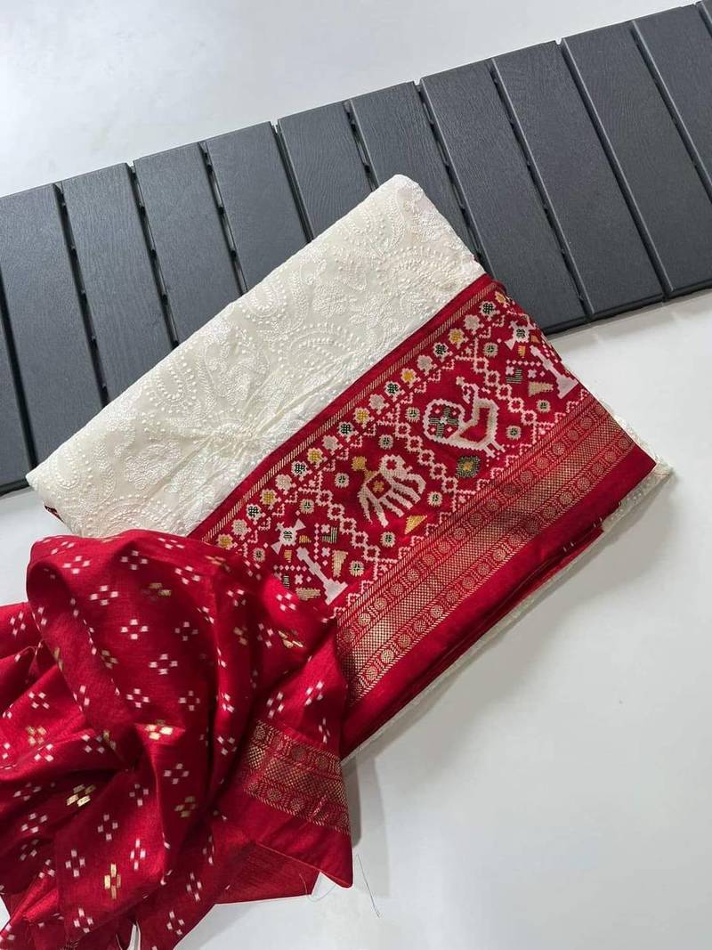 Buy MySilkLove Cultured Pearl White Embroidery Chikankari Patola Handloom Saree Online