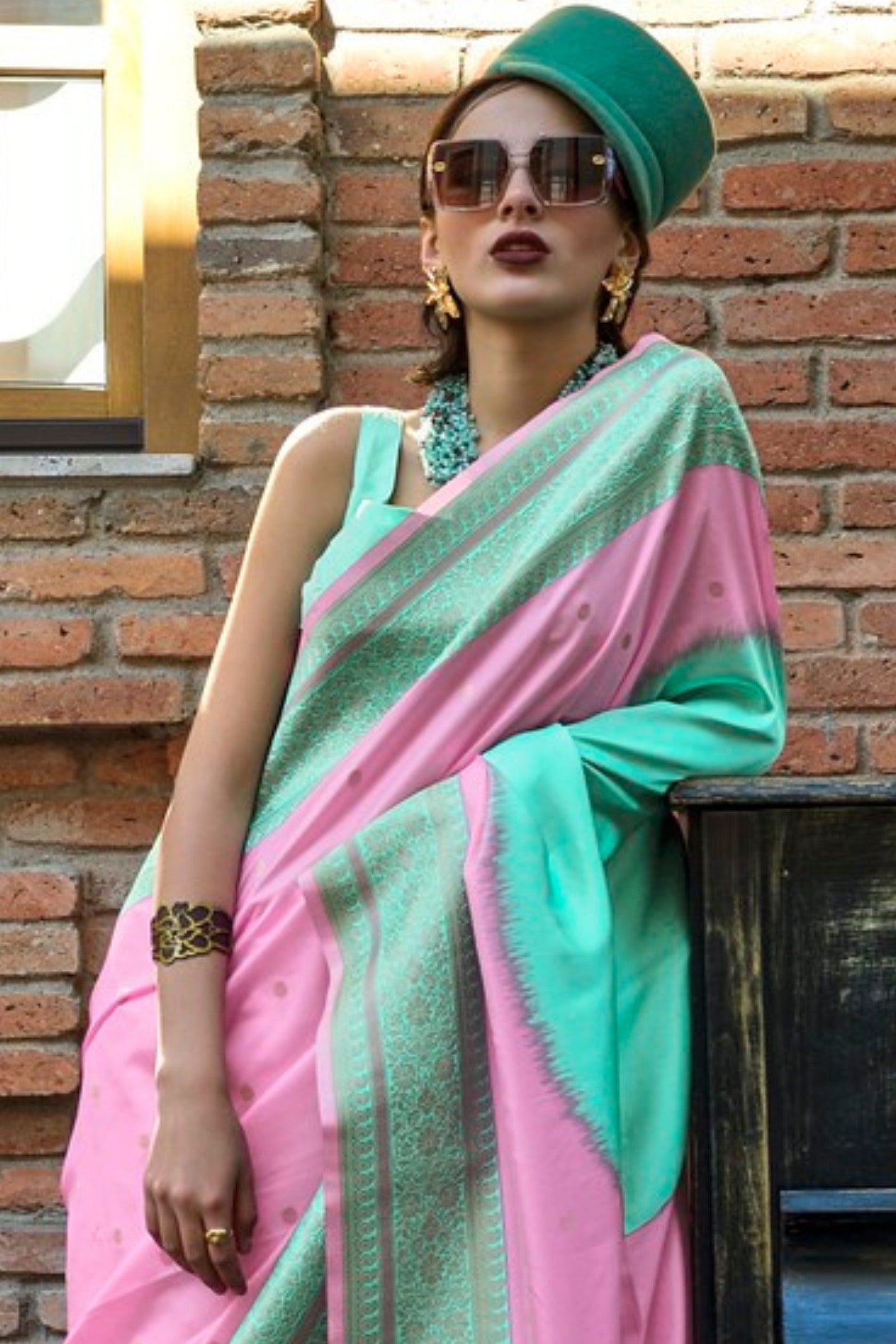 Buy MySilkLove Lily Pink and Green Banarasi Handloom Saree Online