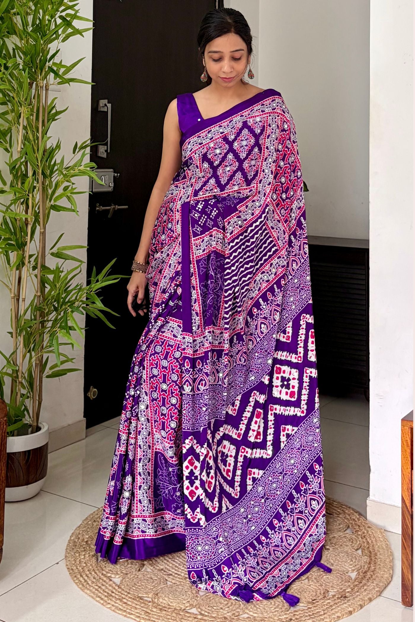 MySilkLove Insolent Purple Ajrakh Satin Printed Mirror Work Saree