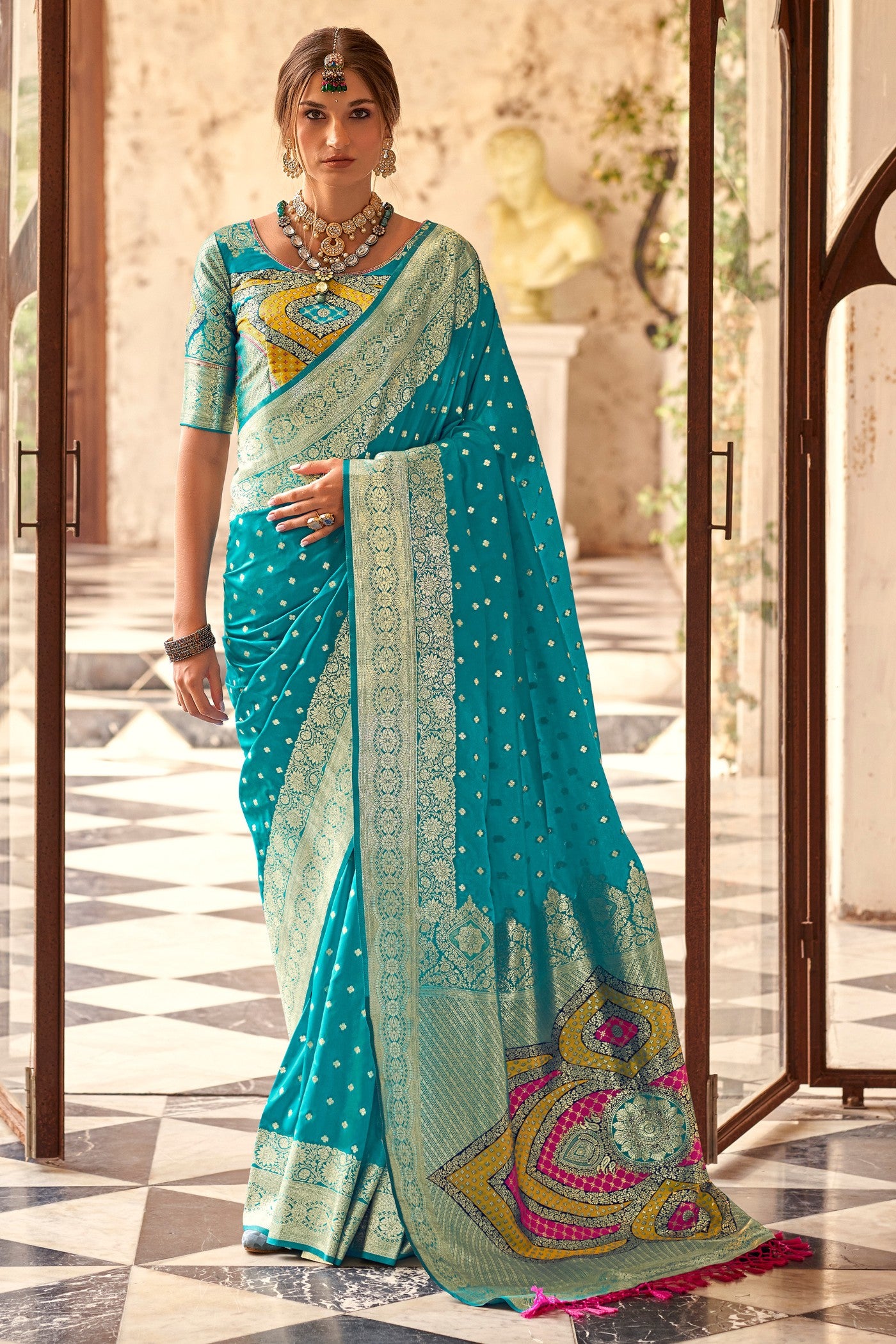 Buy MySilkLove Boston Blue Woven Banarasi Soft Silk Saree Online