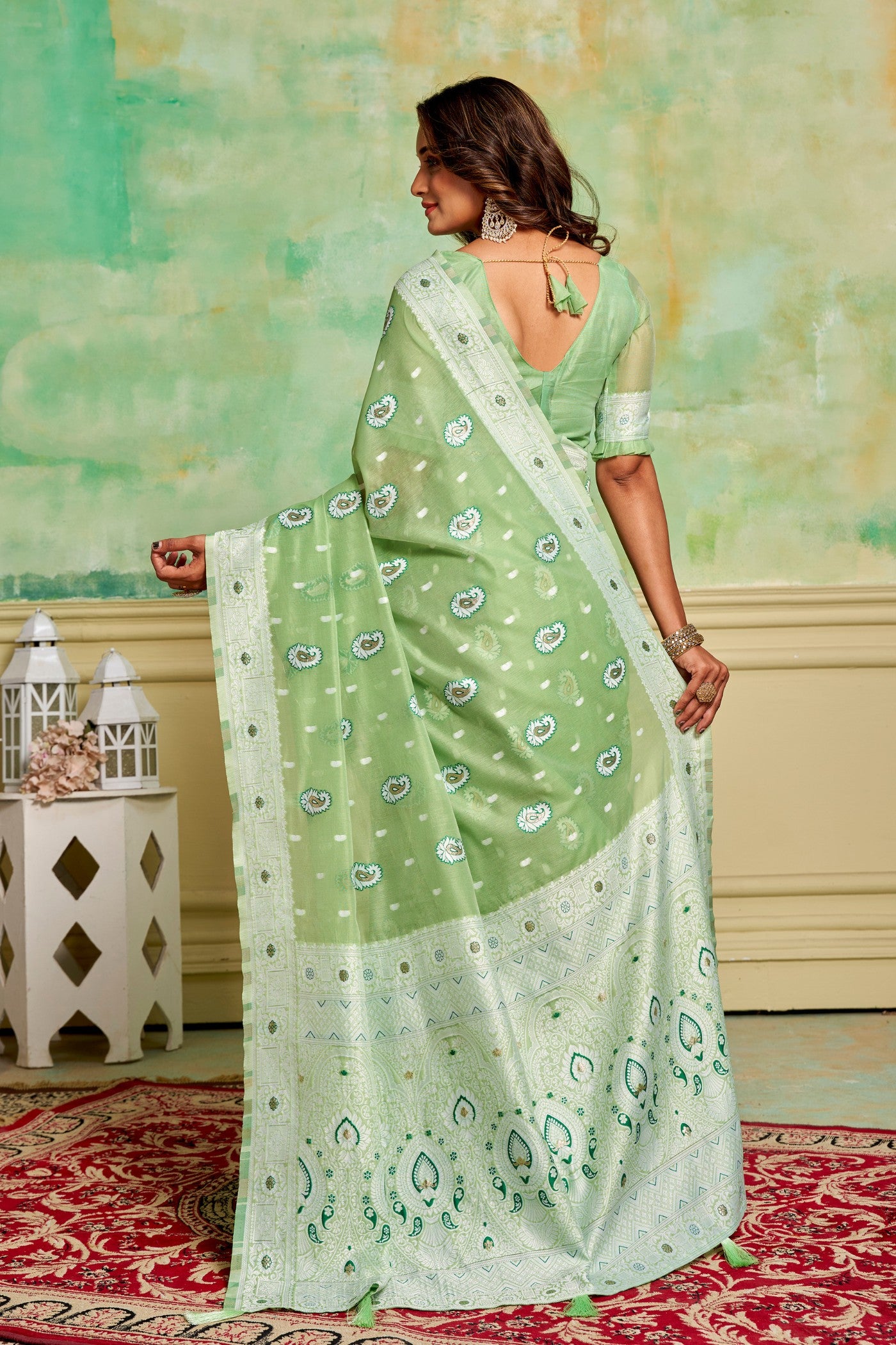 Buy MySilkLove Swamp Green Woven Cotton Saree Online