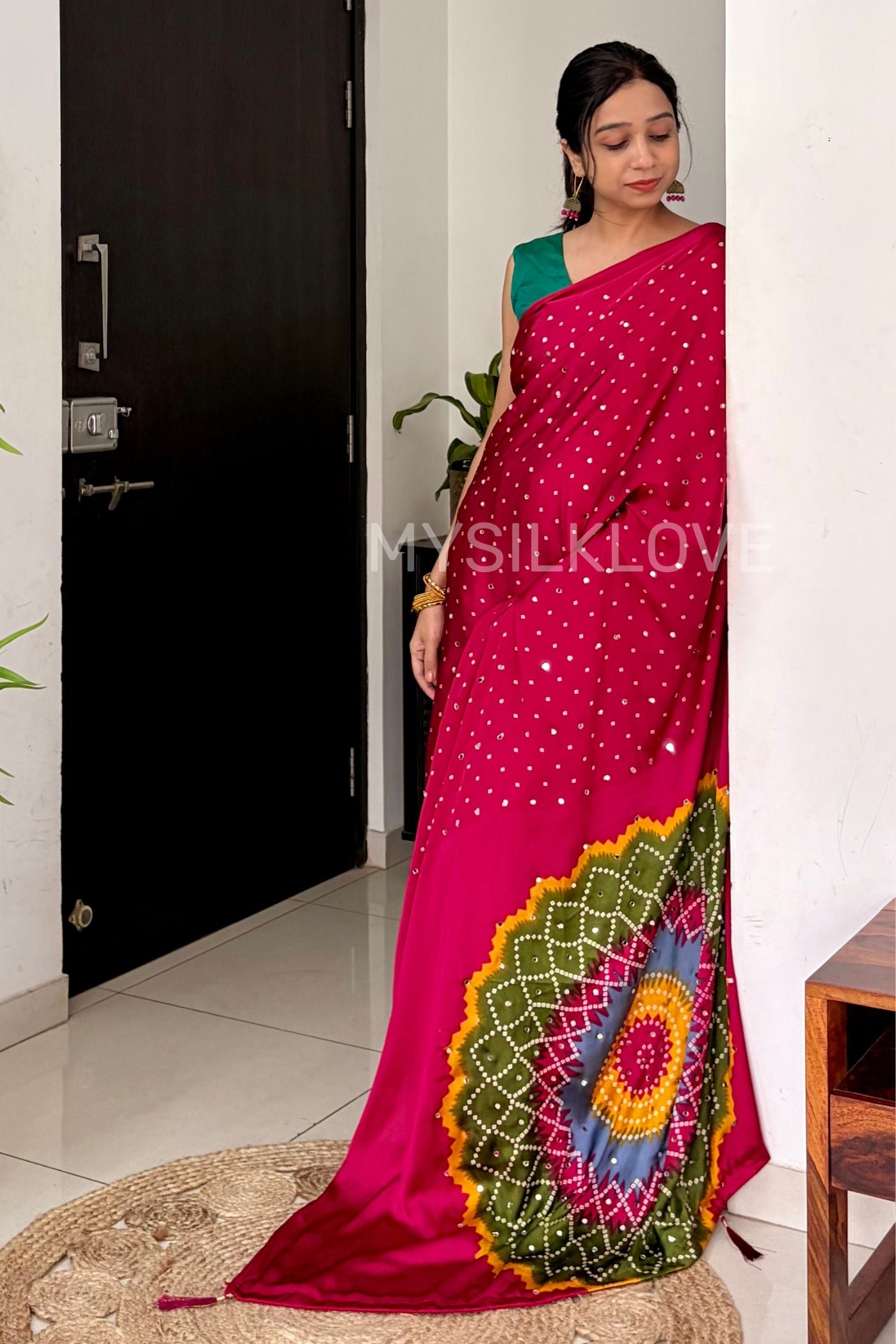 MySilkLove Rosewood Pink Bandhani Satin Mirror Work Saree