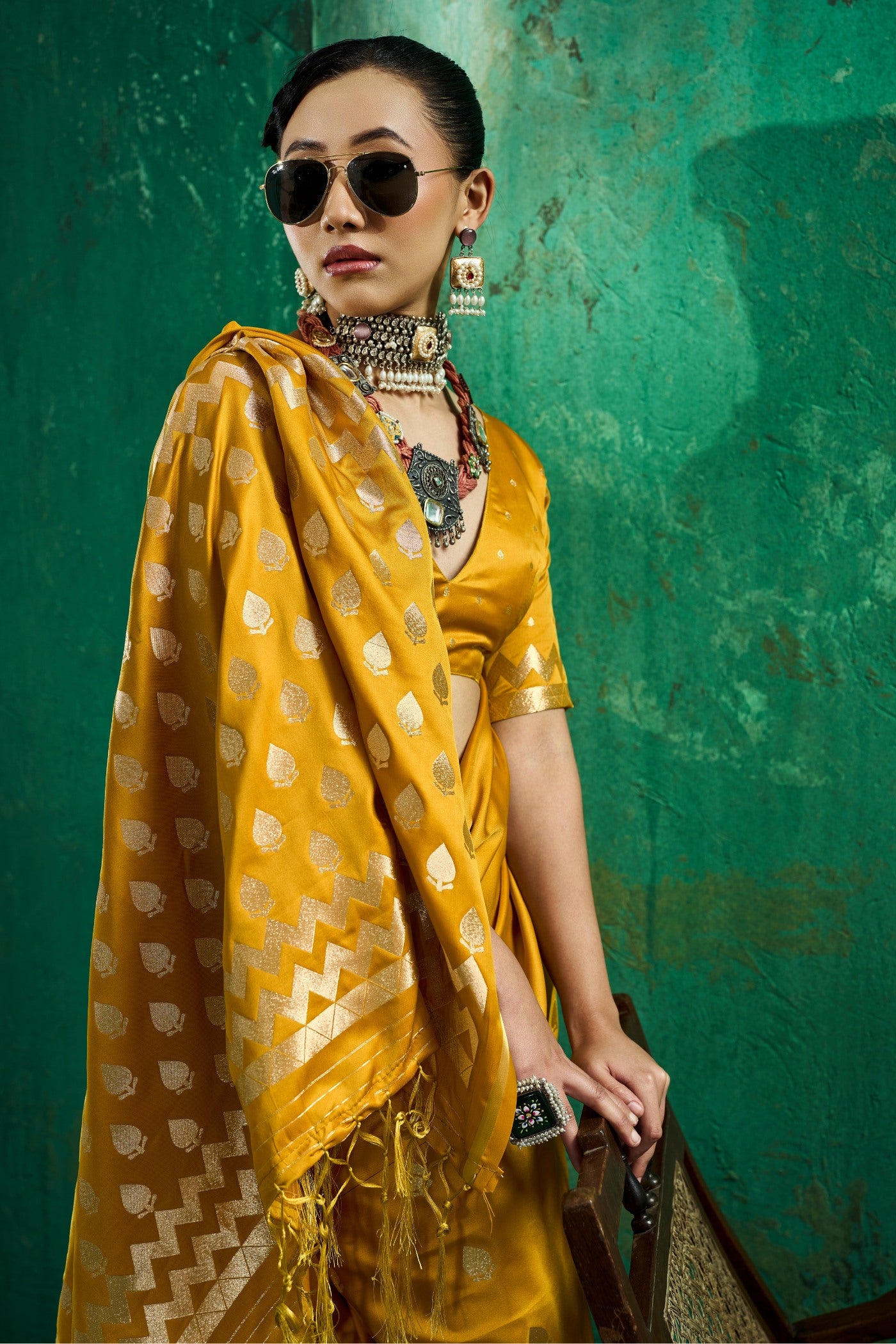 Buy MySilkLove Golden Yellow Handloom Satin Silk Saree Online