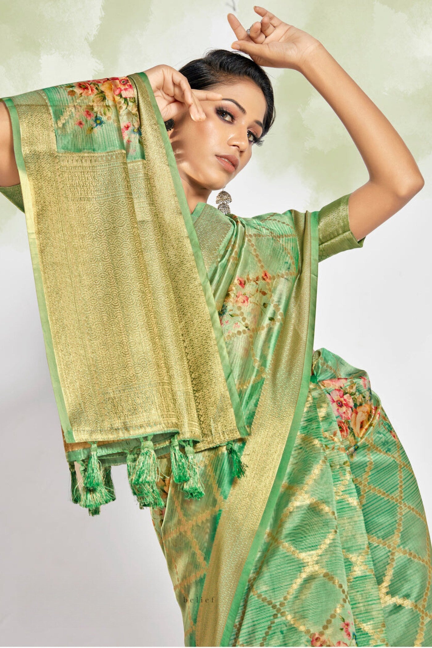 Buy MySilkLove Olive Green Digital Printed Banarasi Saree Online