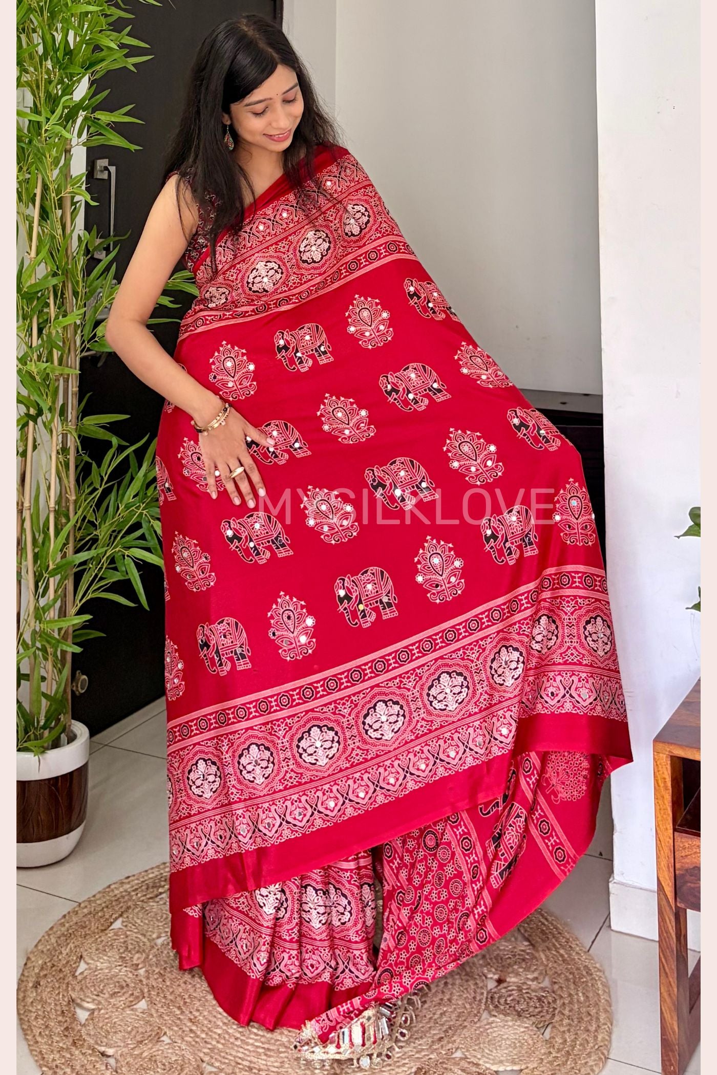 Buy MySilkLove Jam Red Ajrakh Satin Printed Mirror Work Saree Online