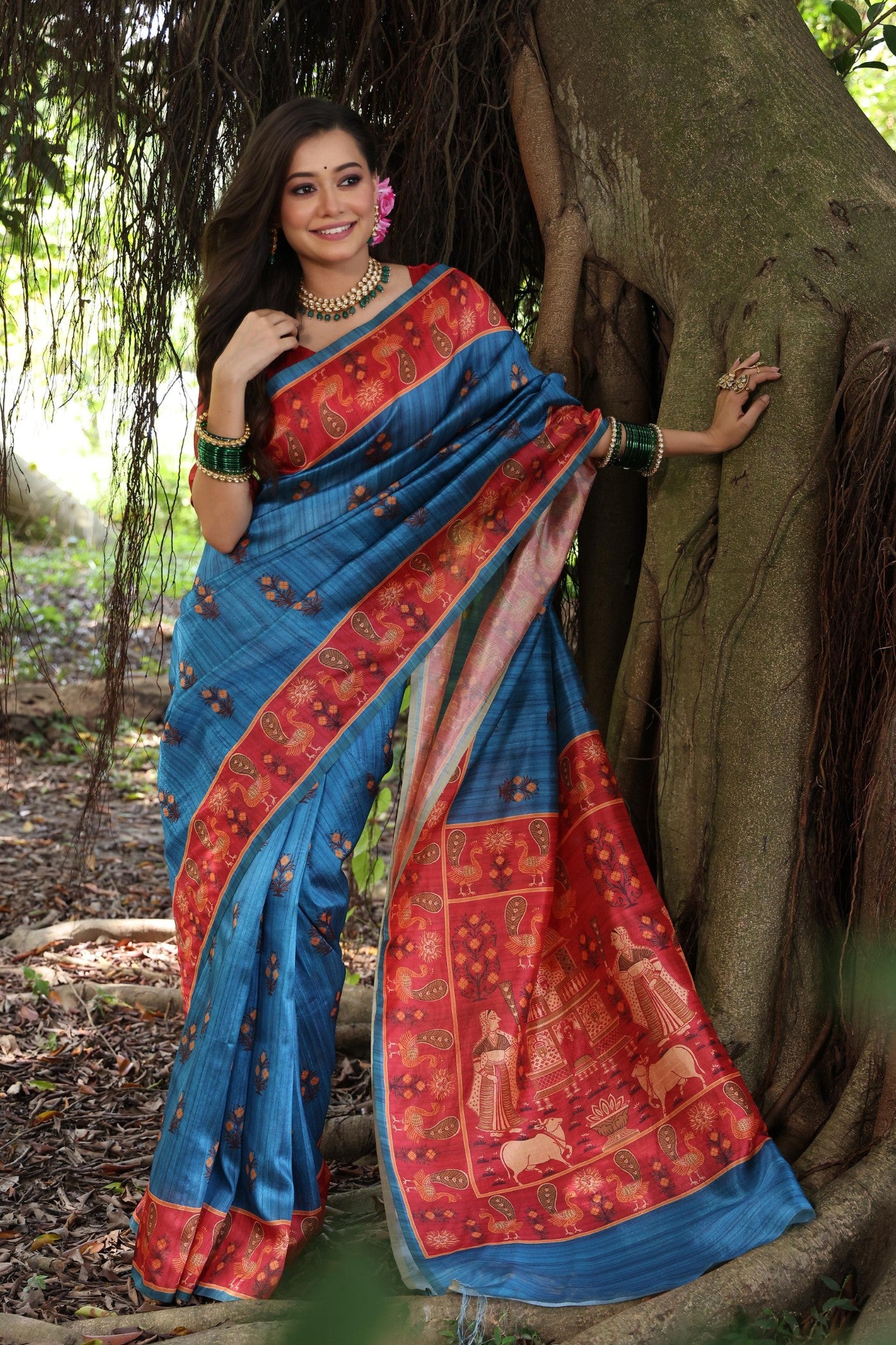 Buy MySilkLove Indigo Blue Madhubani Tussar Printed Silk Saree Online