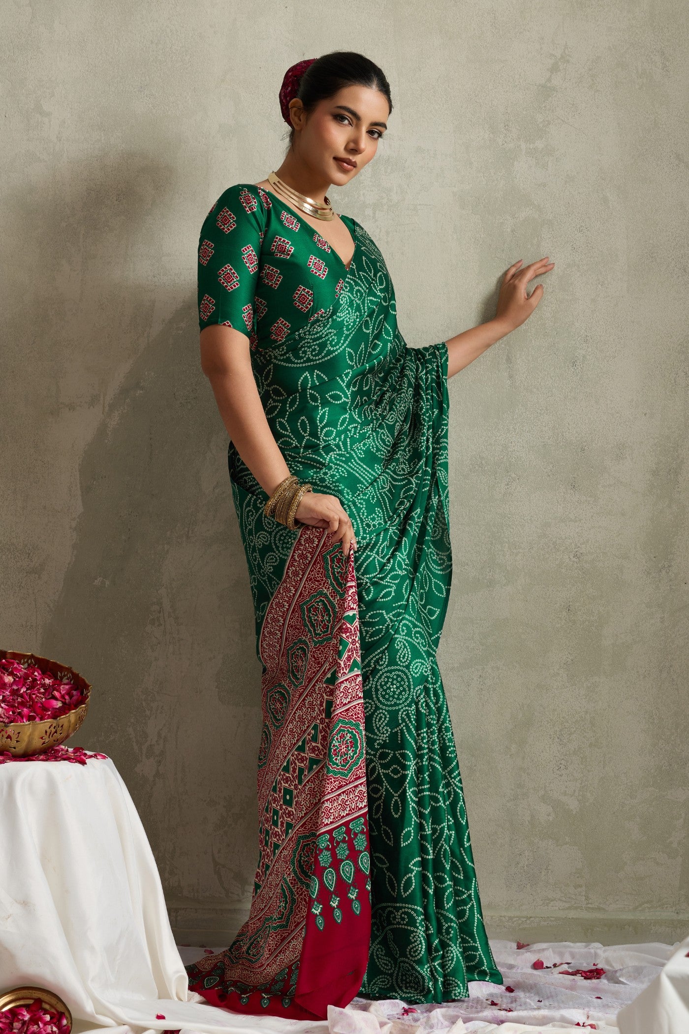 MySilkLove Dark Leaf Green Bandhani Printed Silk Saree