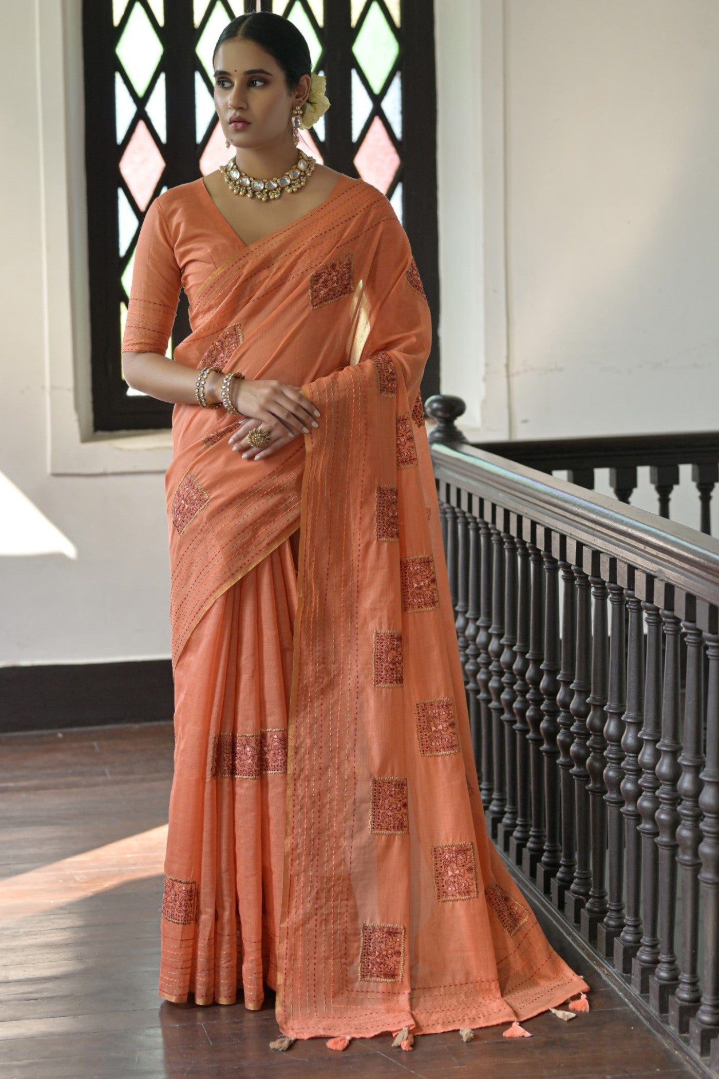 Buy MySilkLove Georgia Peach Linen Soft Silk Saree Online