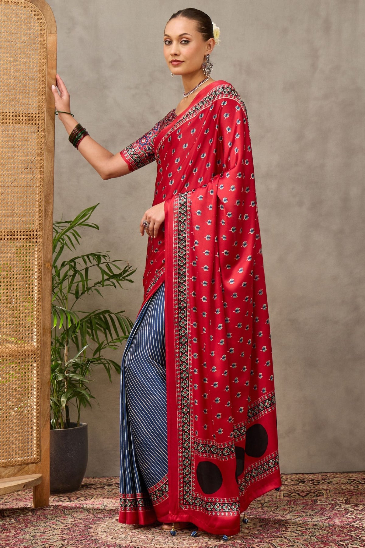 Buy MySilkLove Vermilion Red and Blue Modal Satin Printed Silk Saree Online