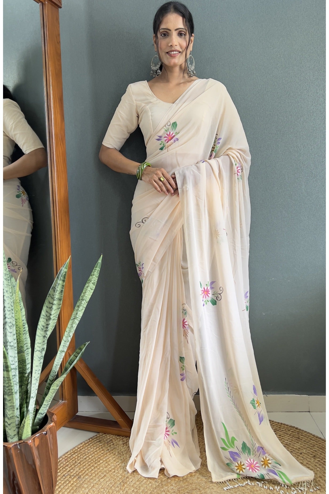 Buy MySilkLove White Rose Hand Painted Georgette Saree Online