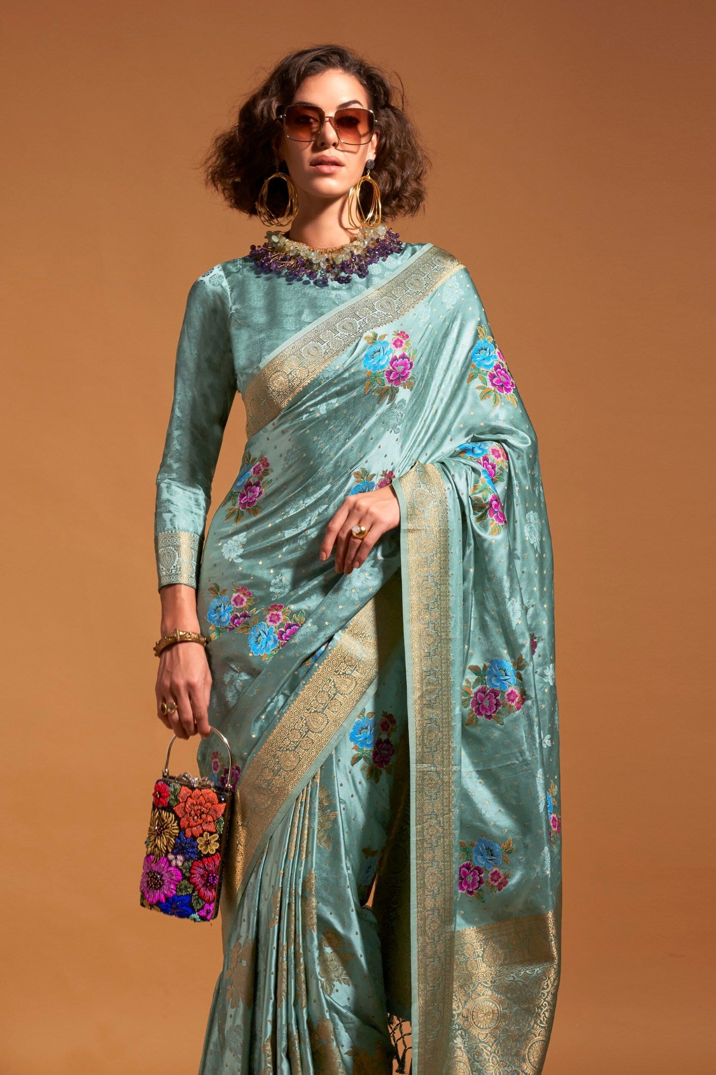 Buy MySilkLove Summer Blue Handloom Satin Silk Saree Online