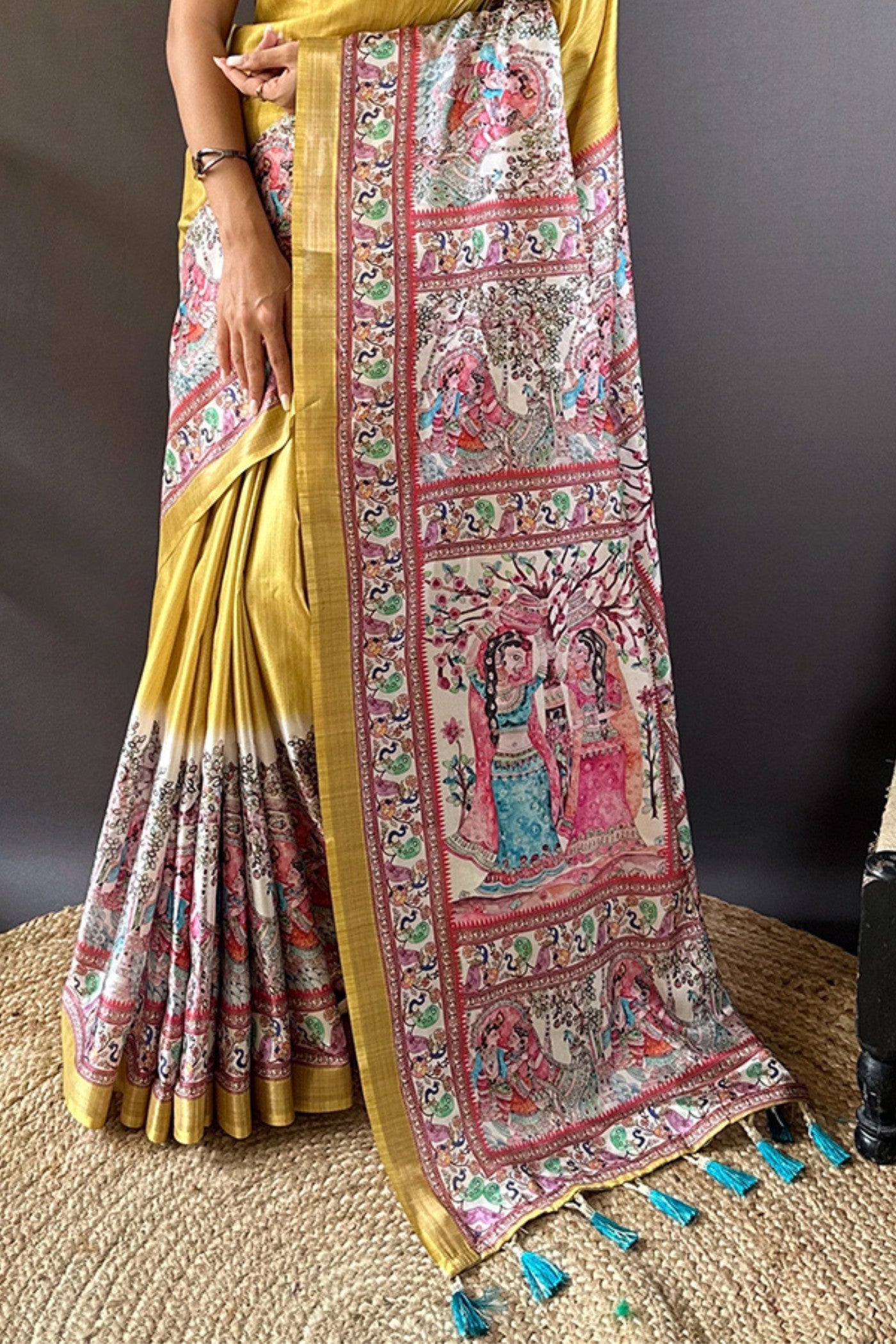 Buy MySilkLove Anzac Yellow Madhubani Printed Tussar Silk Saree Online