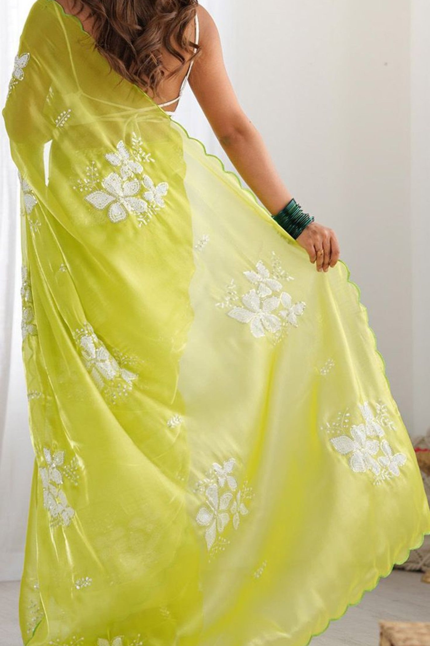 Buy MySilkLove Olive Yellow Floral Partywear Saree Online