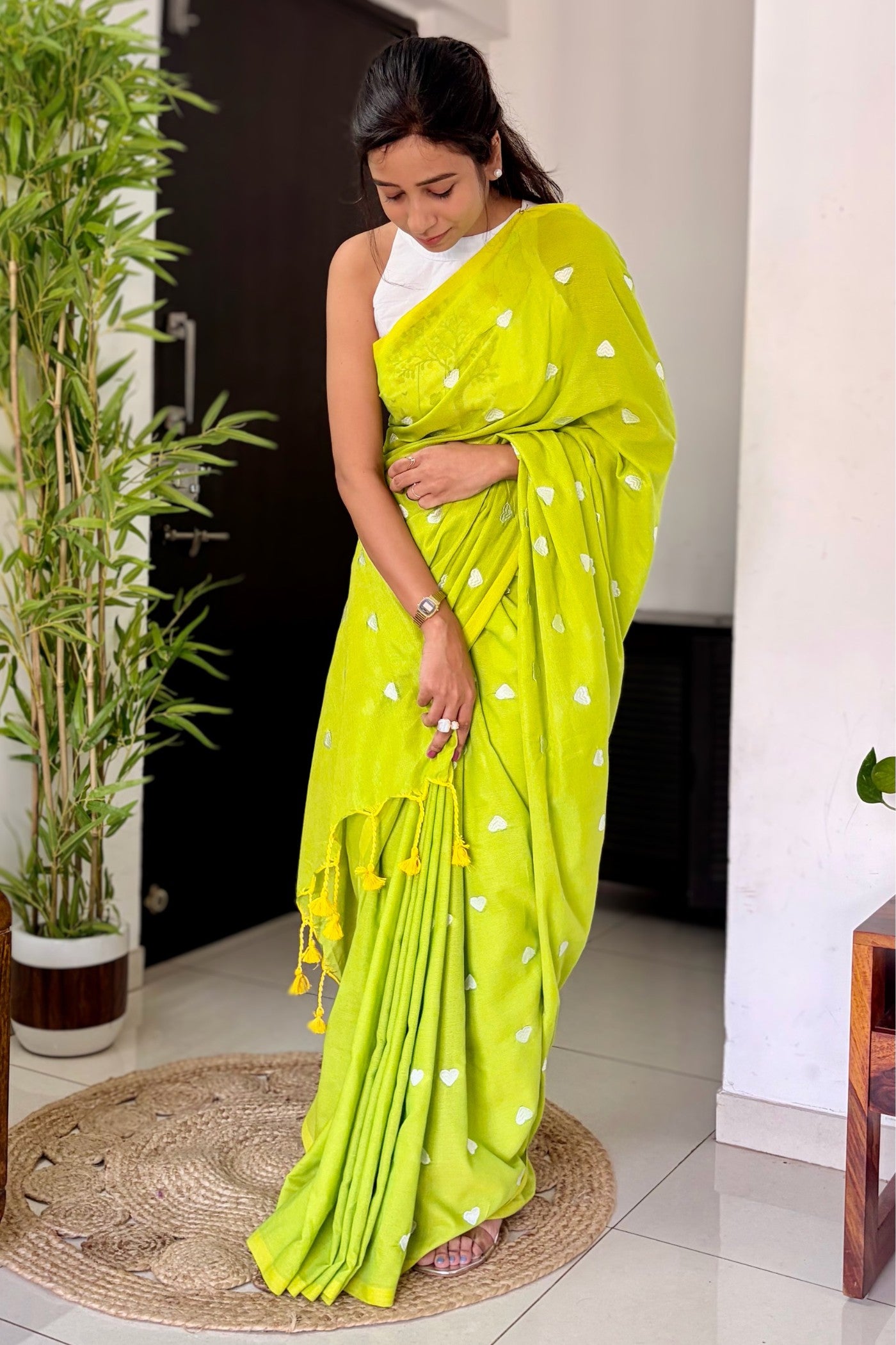 Buy MySilkLove Leaf Green Cotton Digital Printed Saree Online
