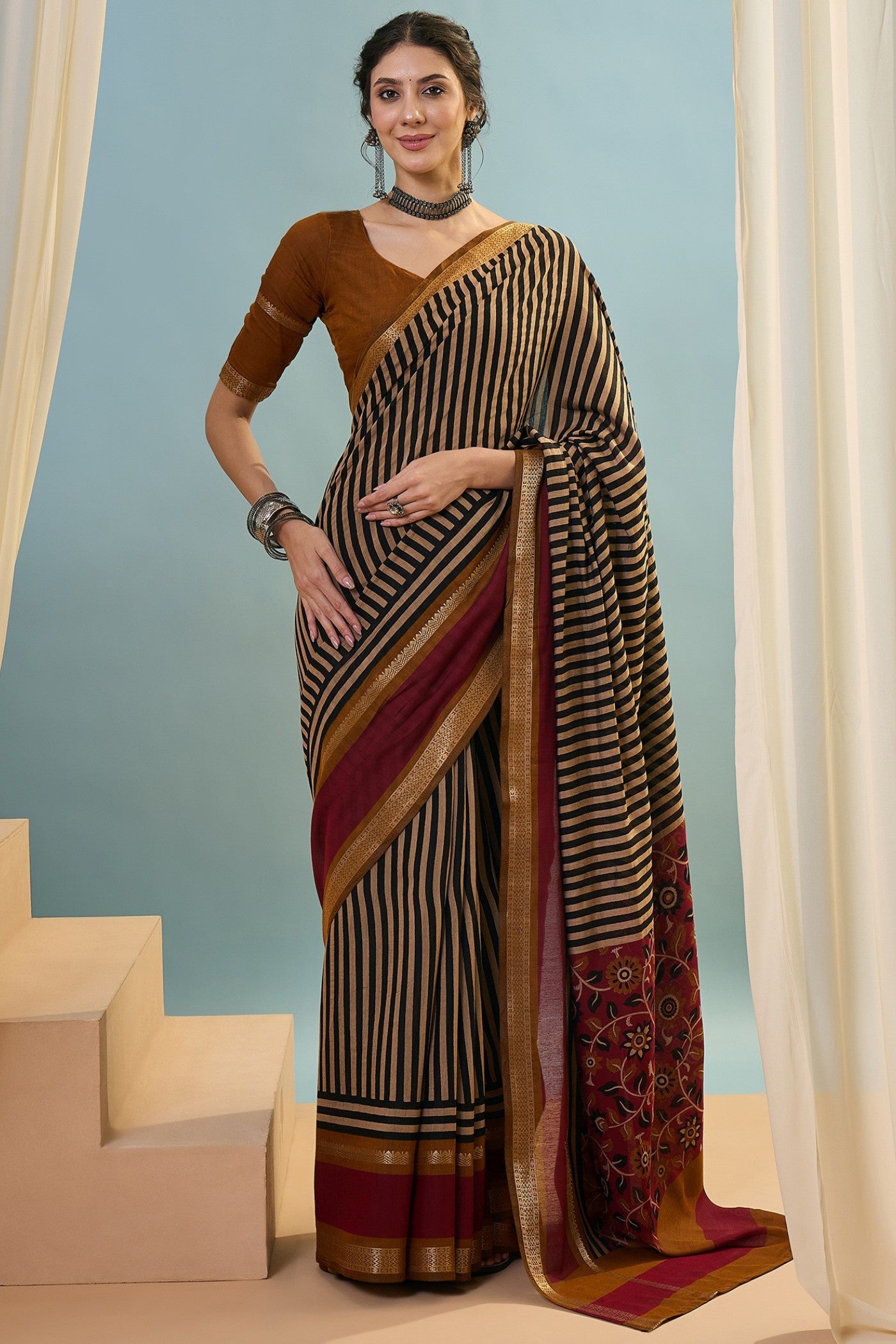Buy MySilkLove Tawny Brown Woven Cotton Saree Online