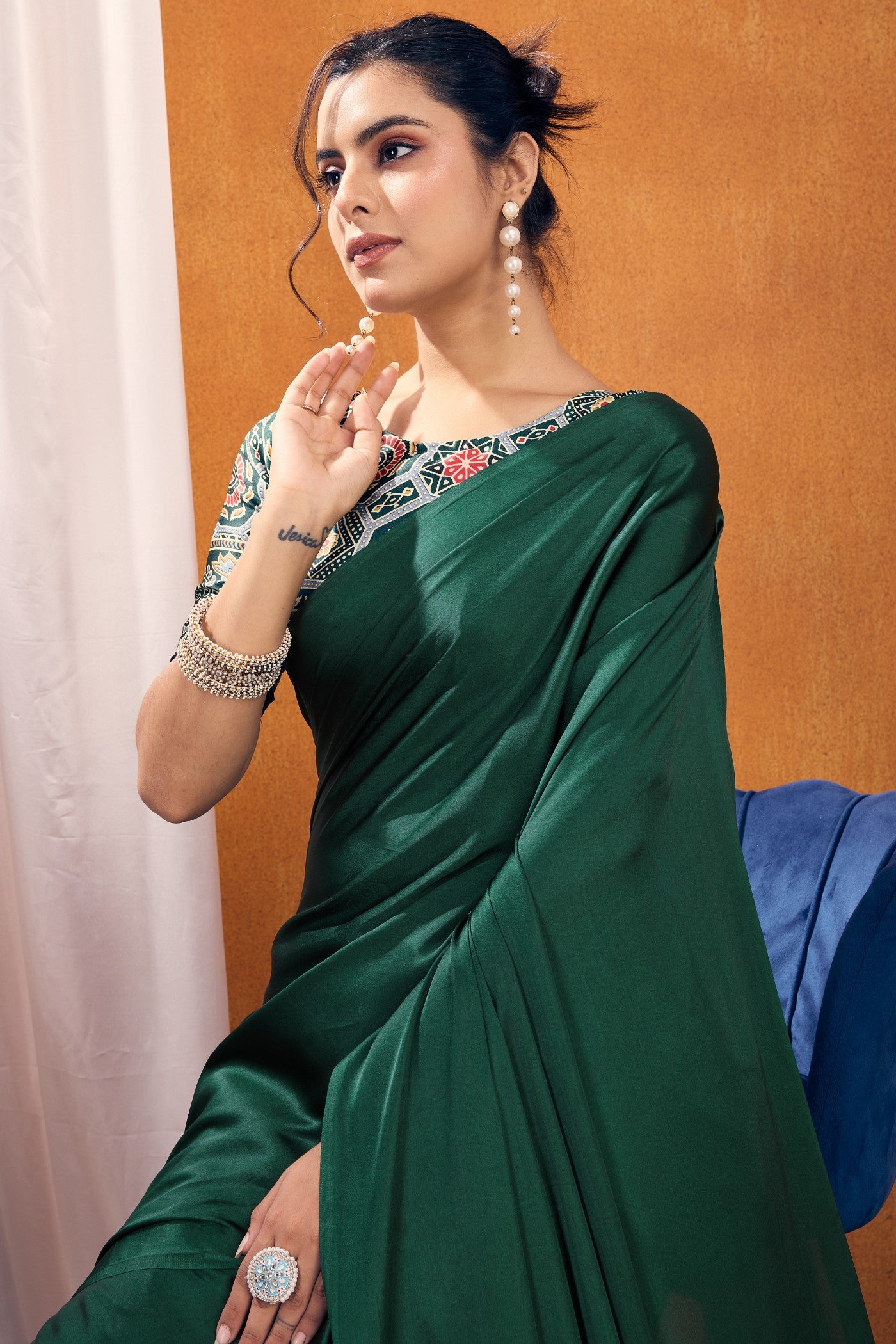 MySilkLove Hellebores Green Ajrakh Printed Satin Crepe Silk Saree