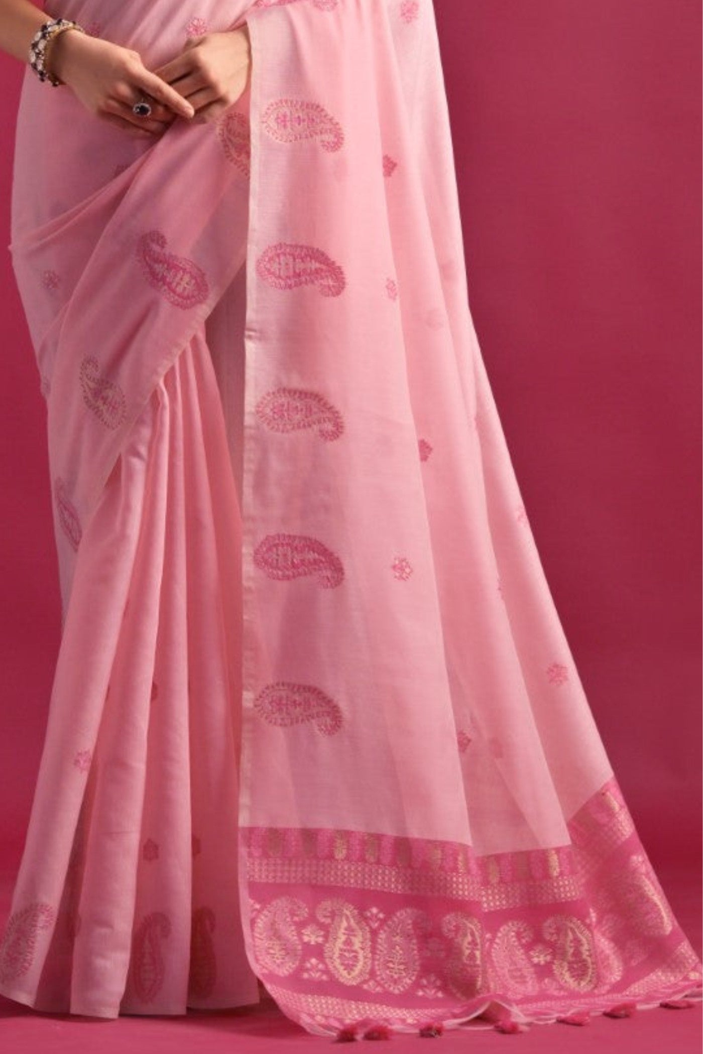 Buy MySilkLove Beauty Pink Woven Mul Cotton Saree Online