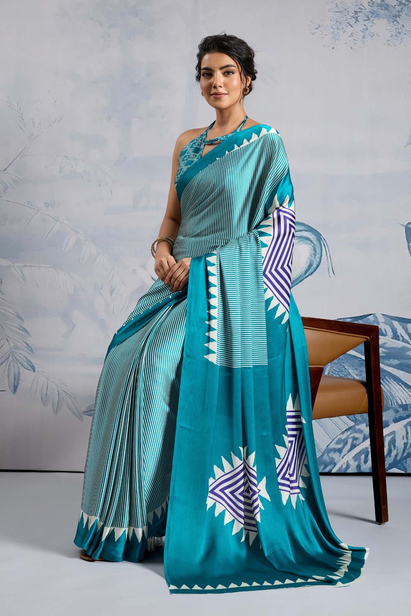 Buy MySilkLove Isla Blue Stripe Ajrakh Printed Satin Crepe Silk Saree Online
