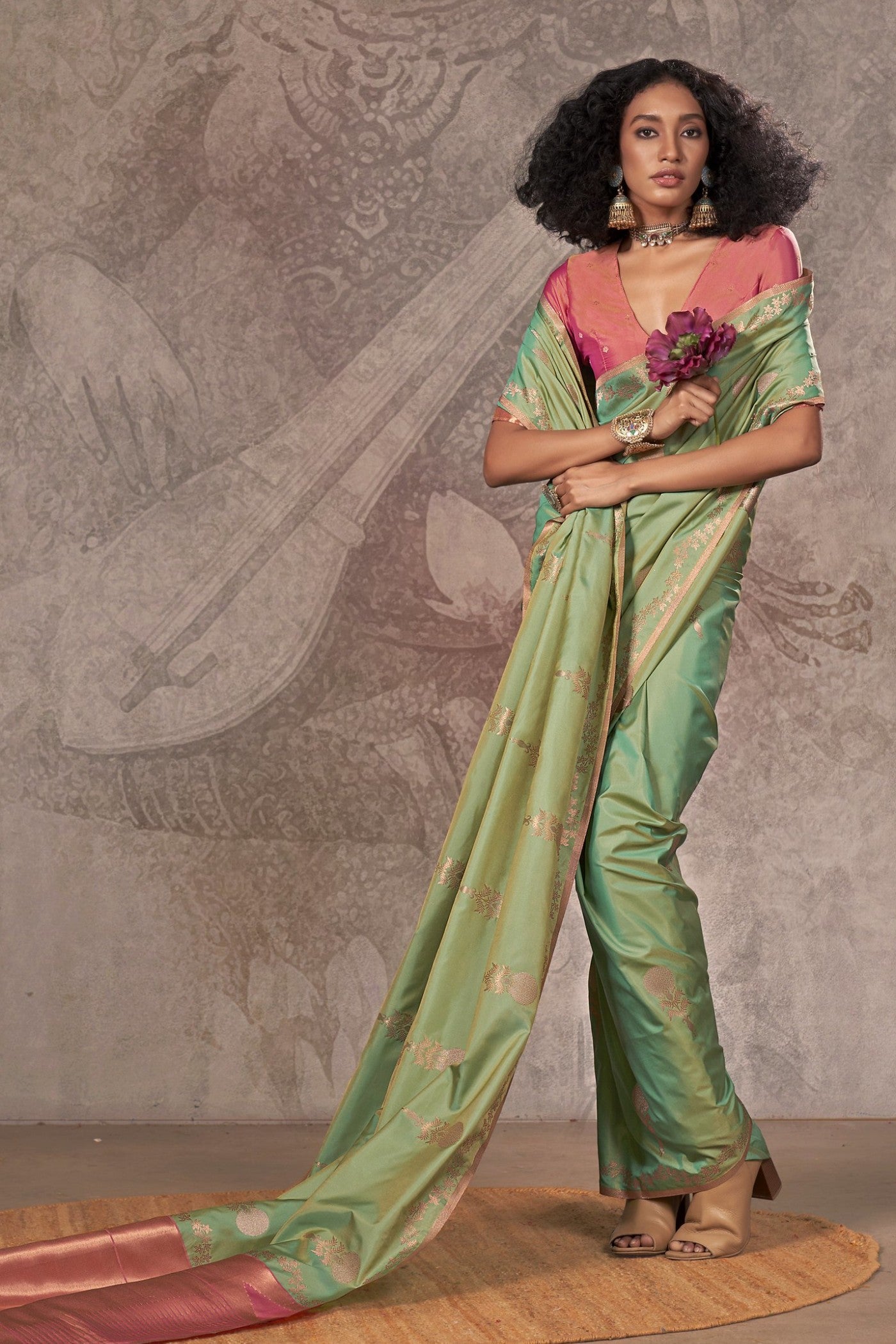 Buy MySilkLove Pickle Green Two Tone Banarasi Handloom Saree Online