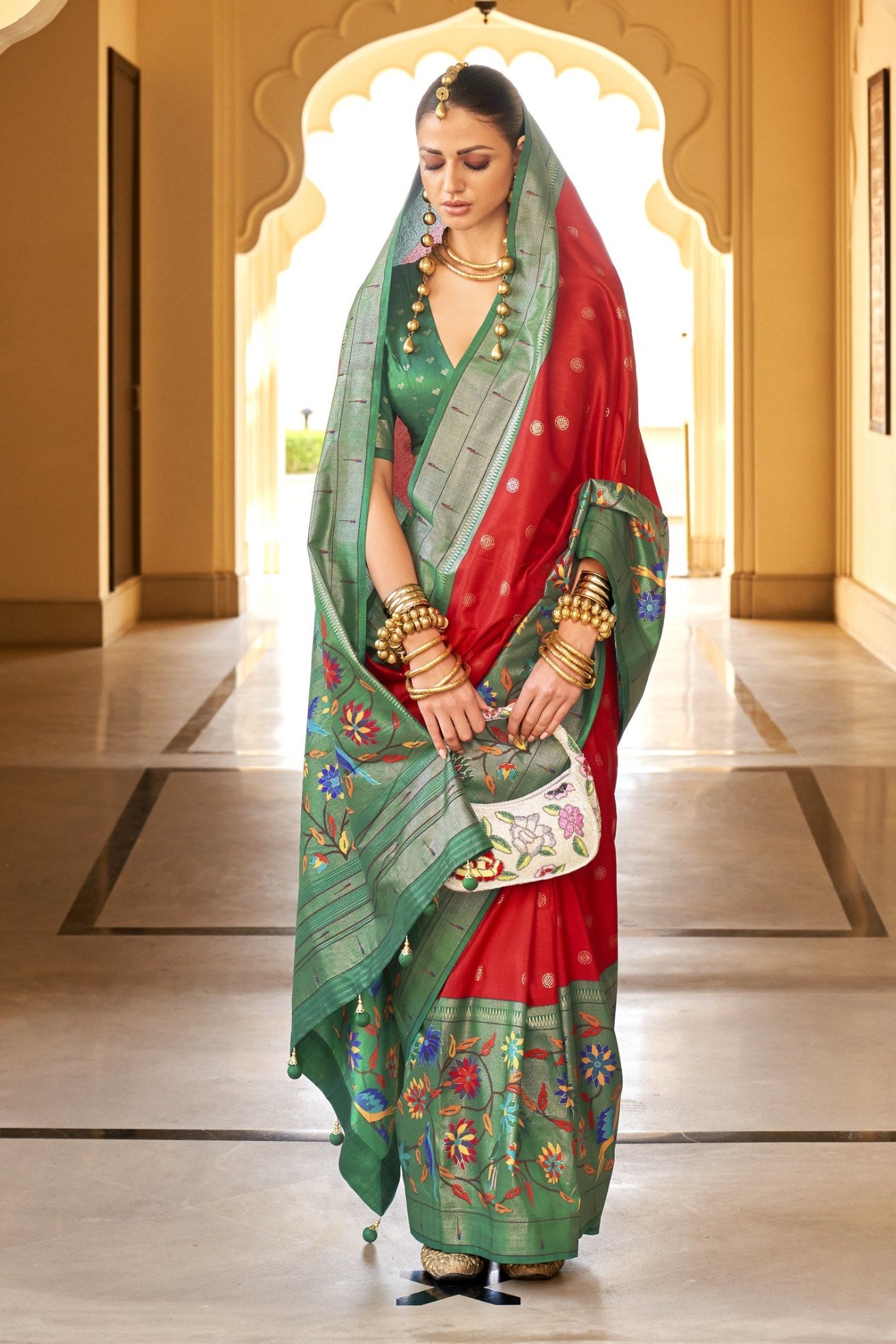 Buy MySilkLove Red Chilli and Green Woven Paithani Designer Saree Online