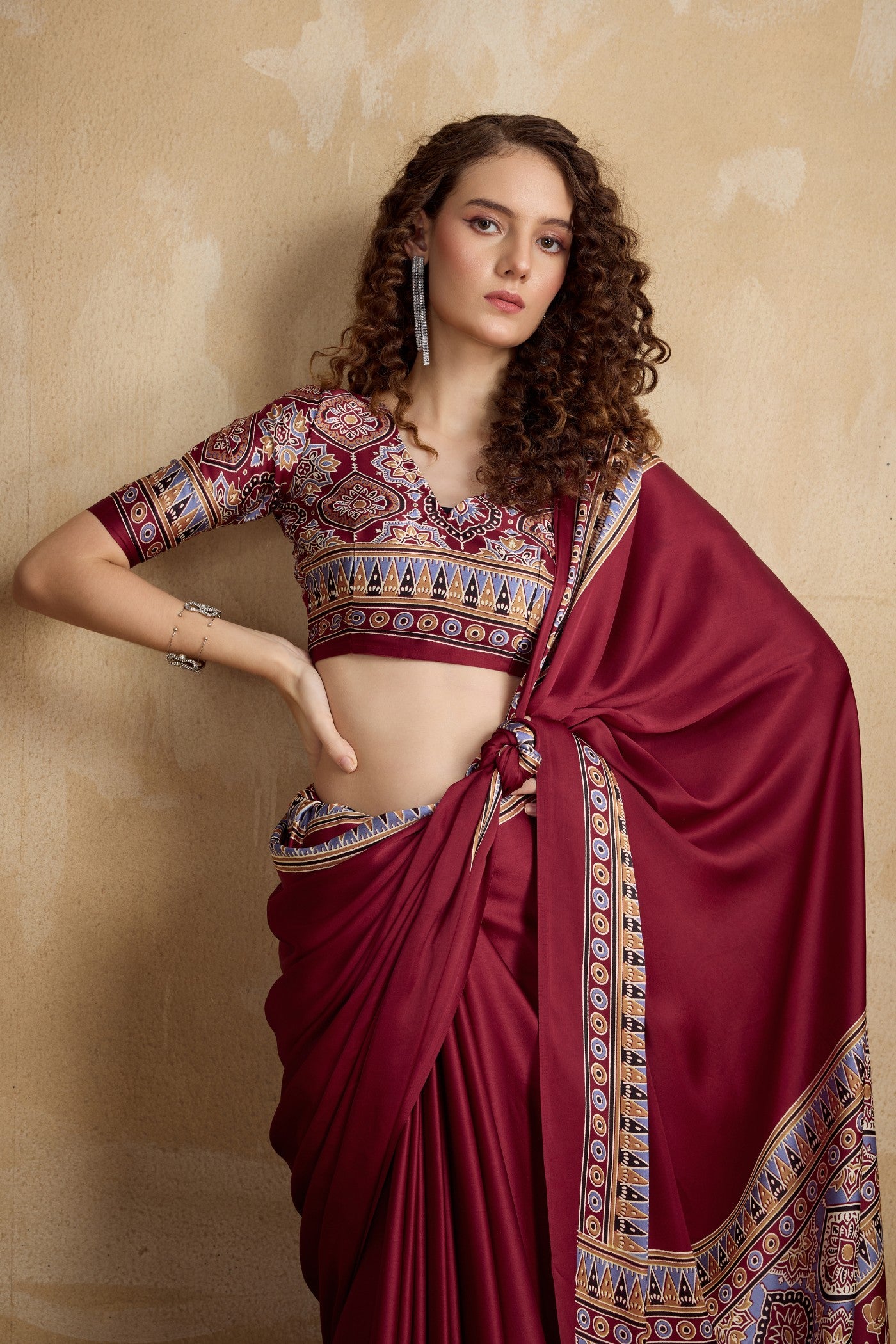 MySilkLove Anemones Maroon Ajrakh Printed Satin Crepe Silk Saree