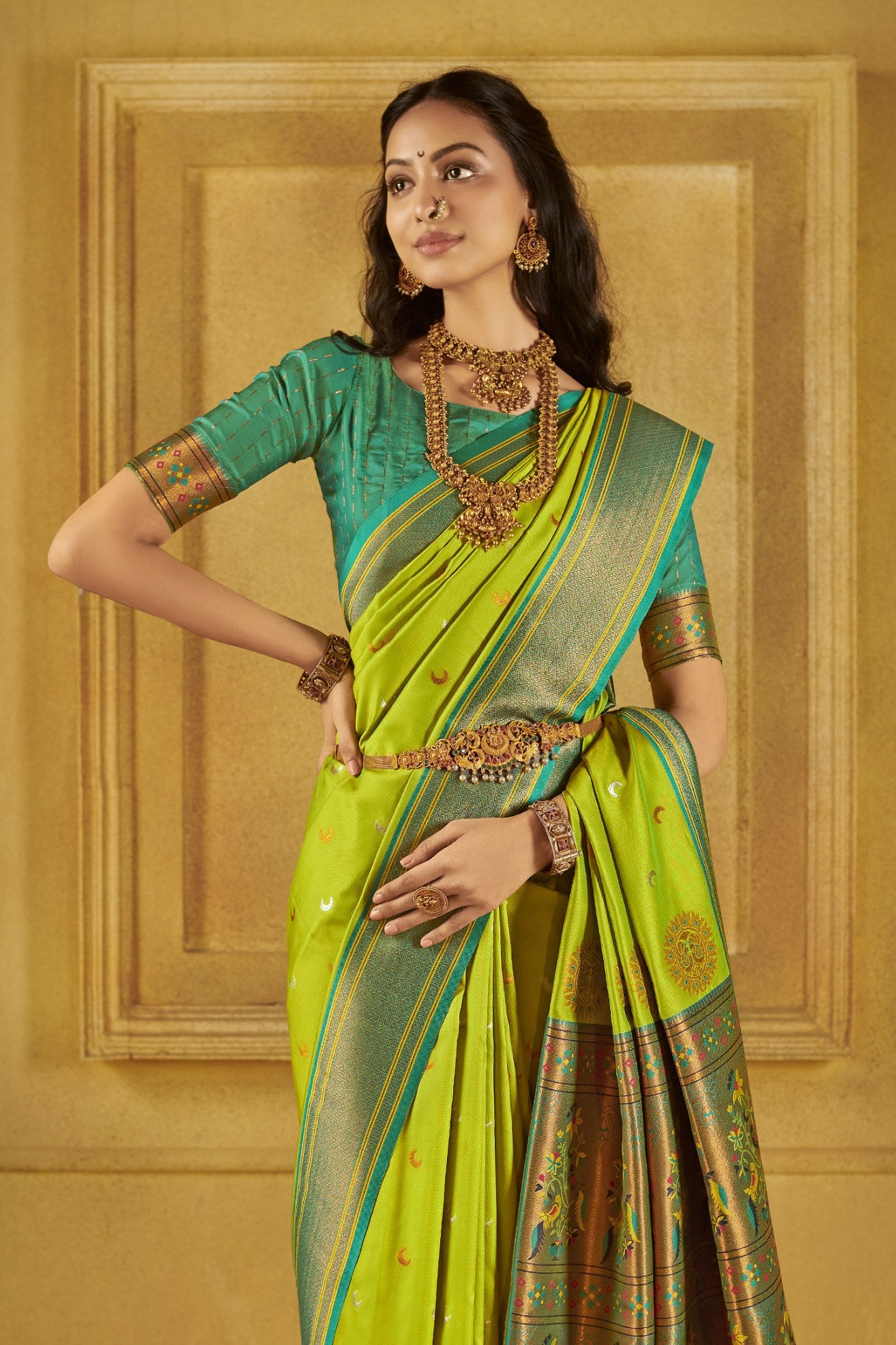 MySilkLove Parrot Green Woven Paithani Saree