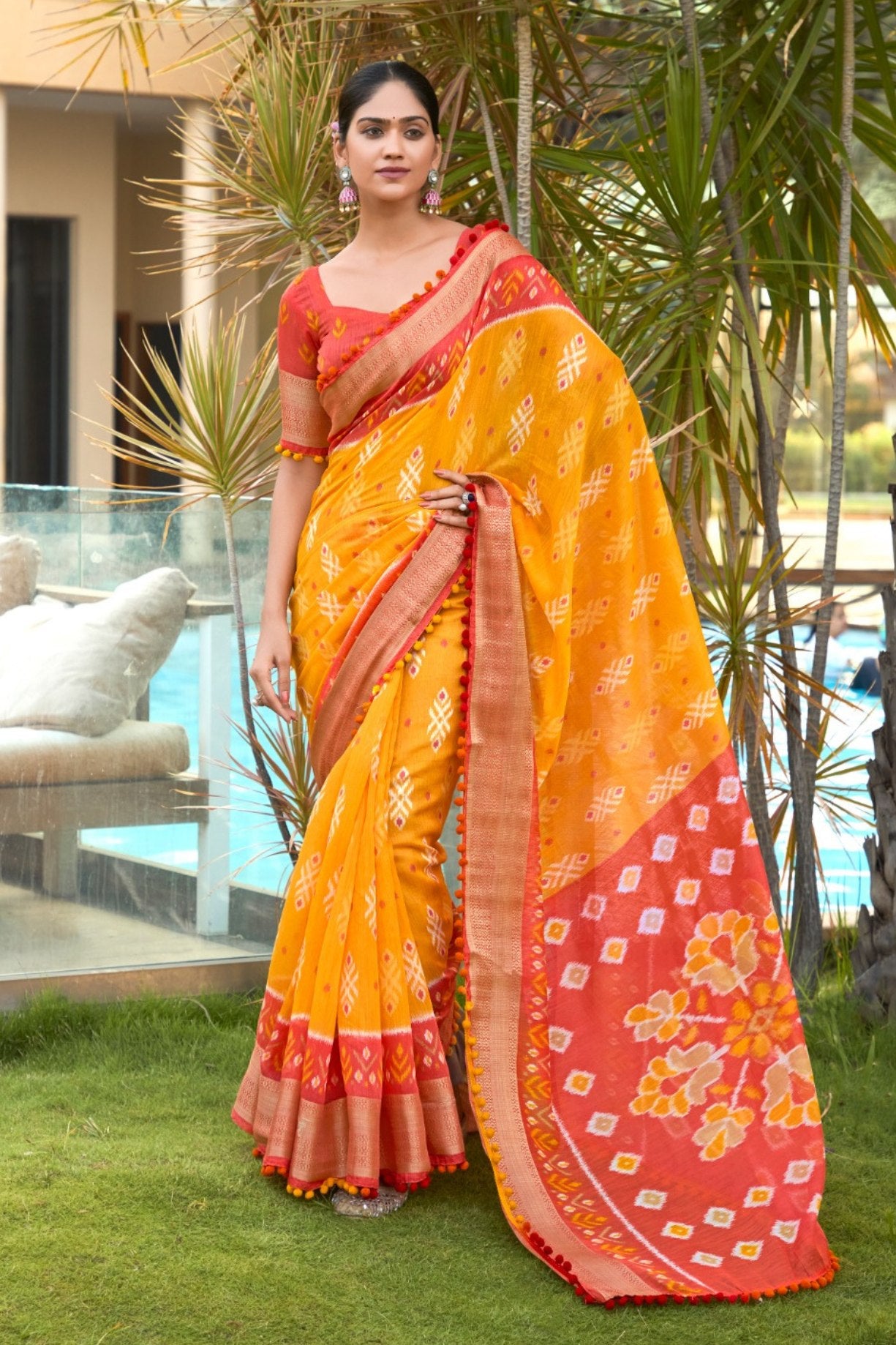 Buy MySilkLove Sunglow Yellow and Red Mul Mul Cotton Saree Online