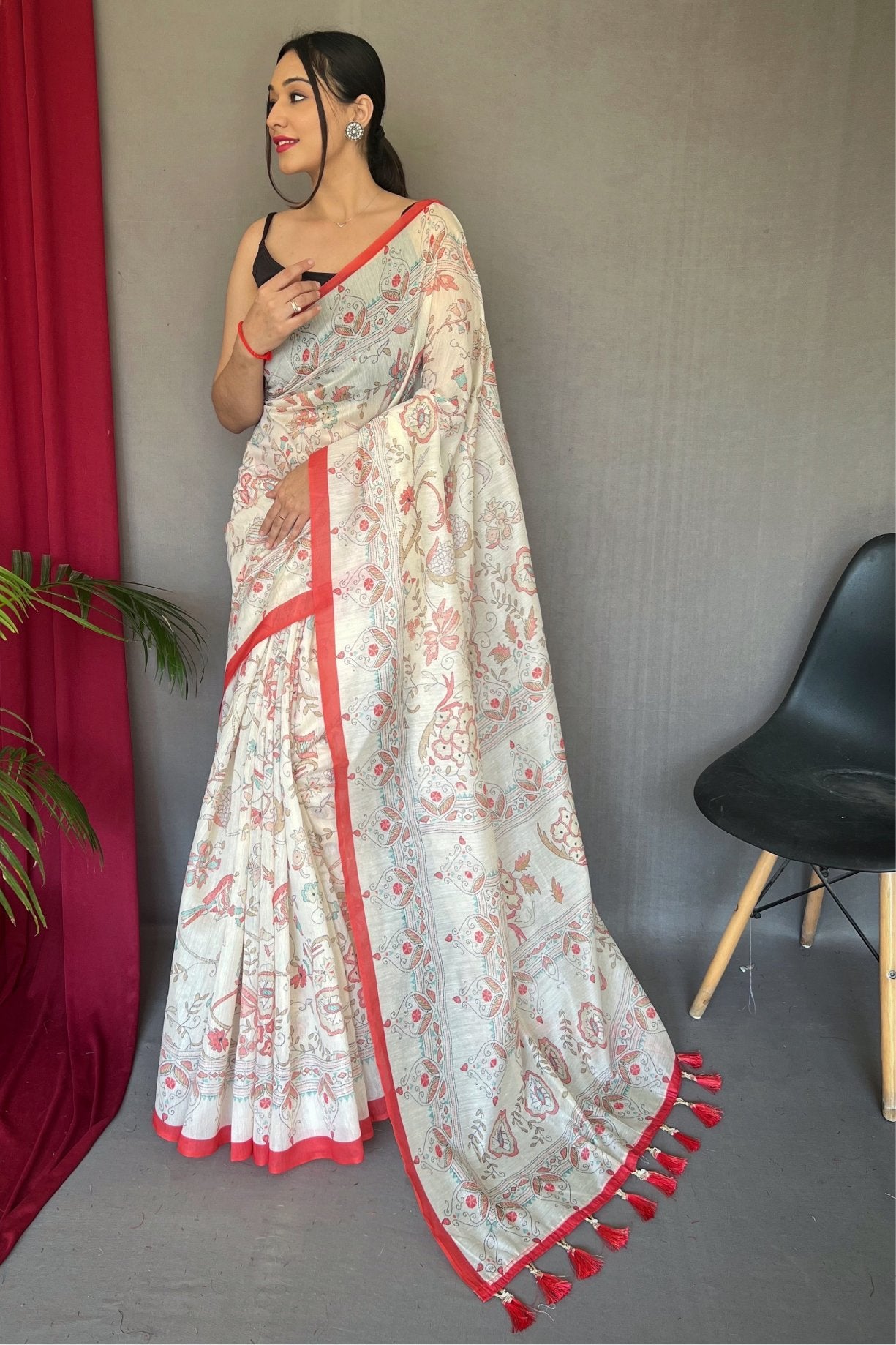 Buy MySilkLove Rose Red and White Printed Cotton Saree Online