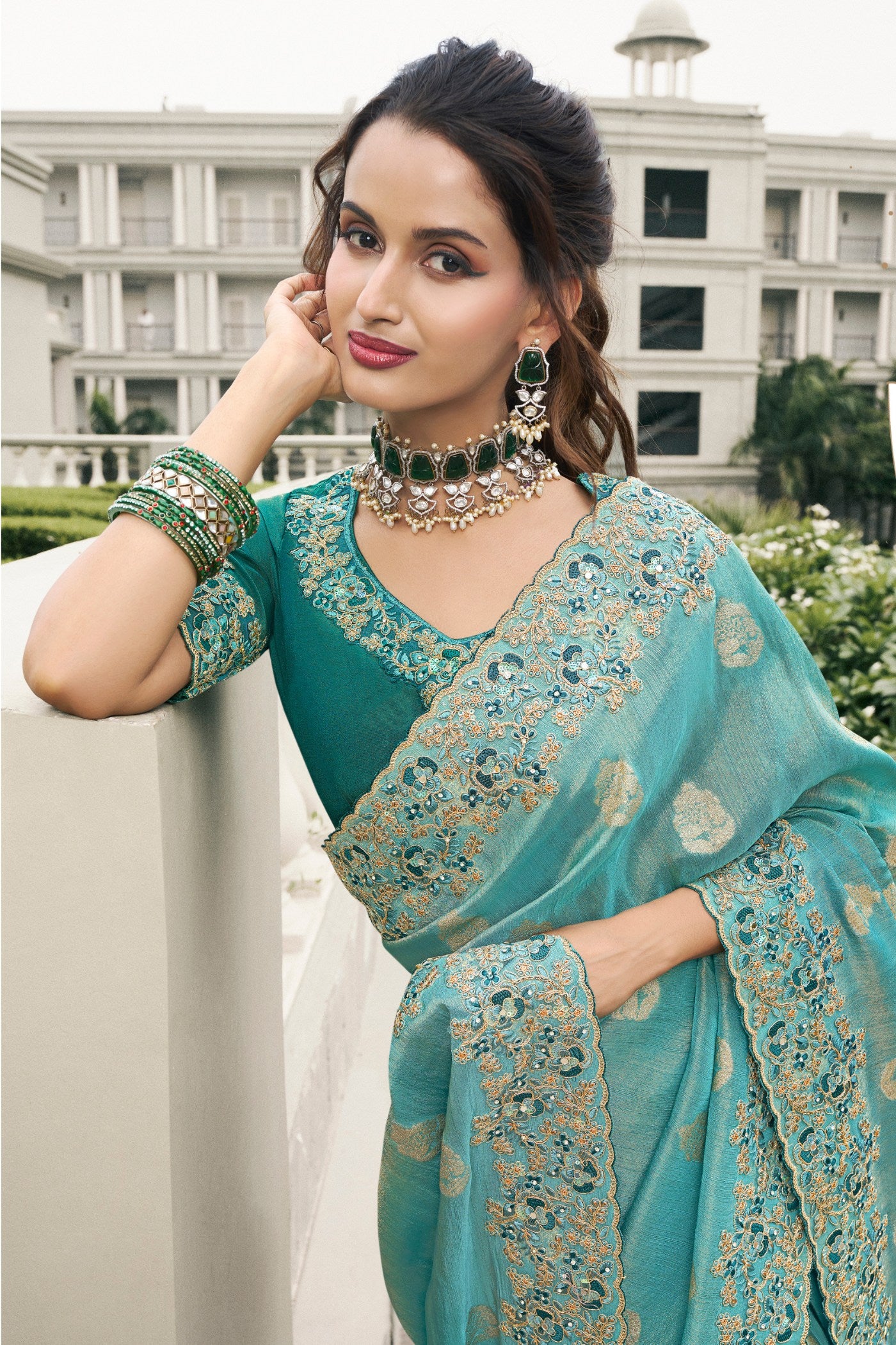 MySilkLove Sky Blue Banarasi Designer Embroidered Saree