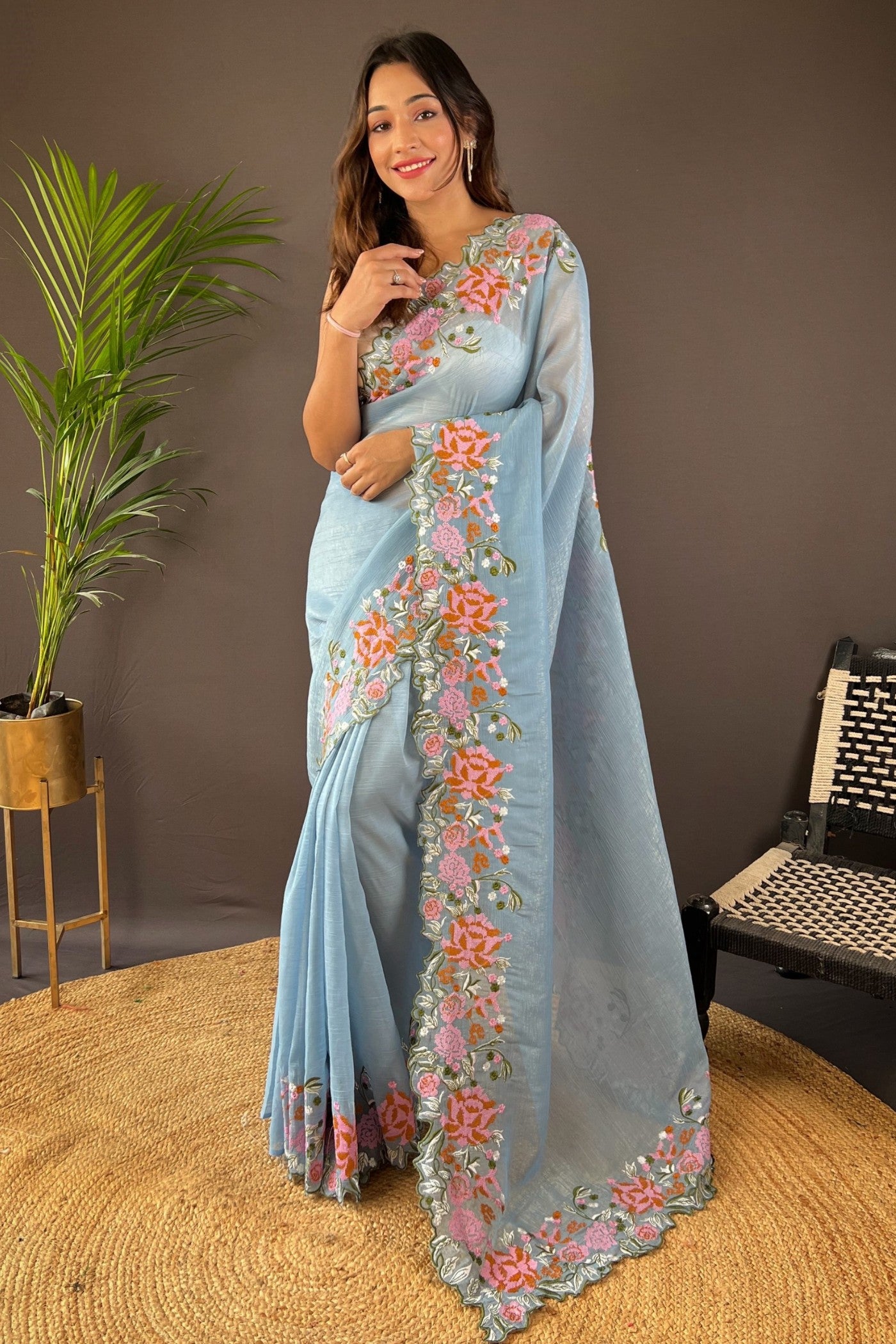 Buy MySilkLove Columbia Blue Embroidered Party Wear Saree Online