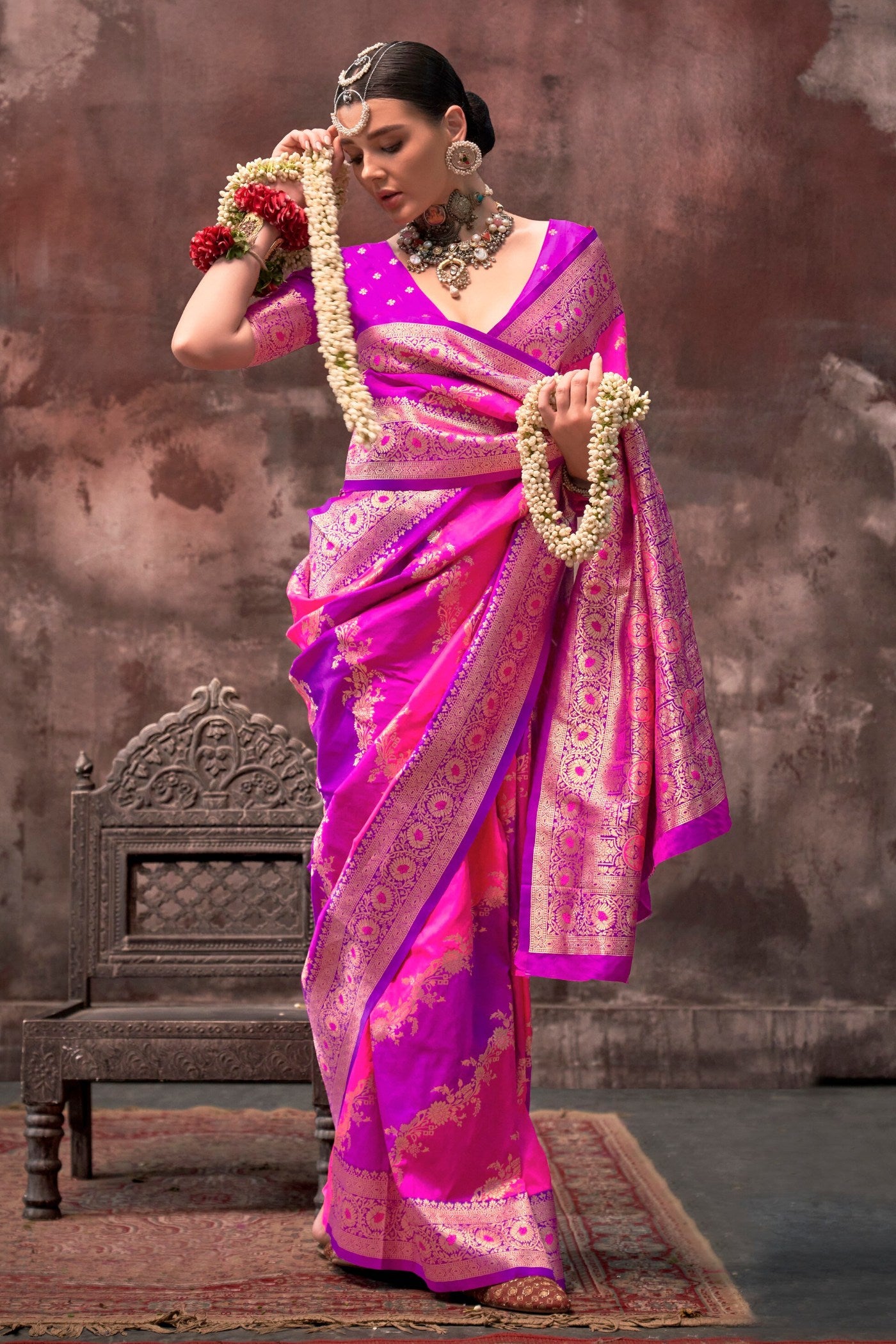 Buy MySilkLove Frostbite Pink and Purple Rangkaat Handloom Banarasi Saree Online