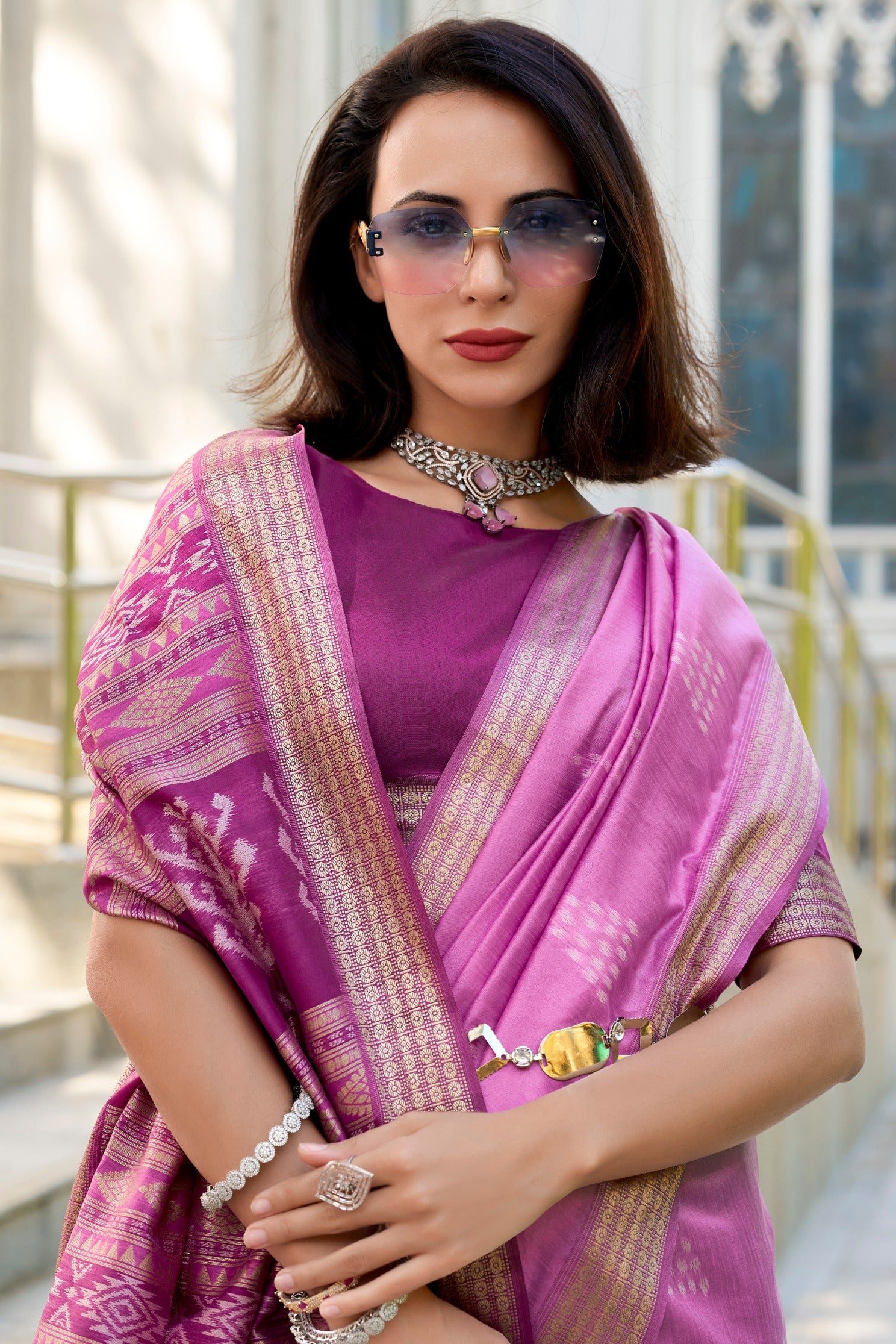 Buy MySilkLove Mega Pink Ikkat Woven Banarasi Saree Online