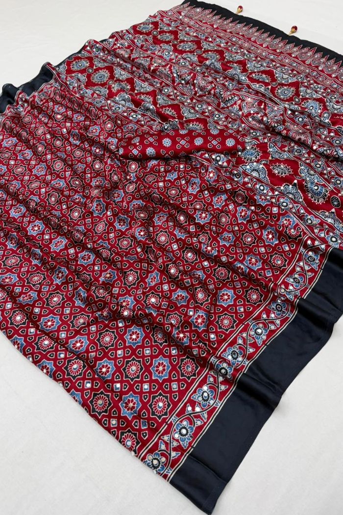 Buy MySilkLove Evergreen and Red Modal Ajrakh Satin Printed Mirror Work Saree Online