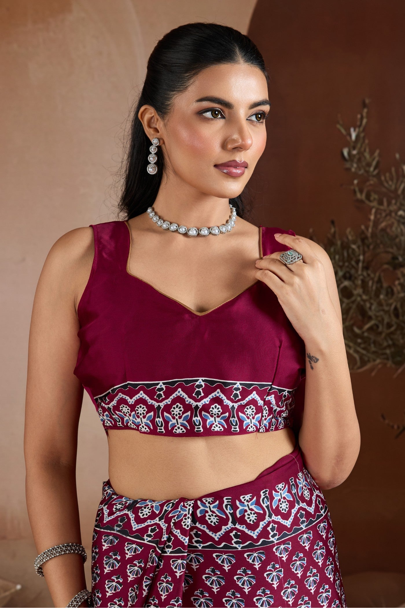 Buy MySilkLove Luxury Maroon Ajrakh Printed Satin Crepe Silk Saree Online