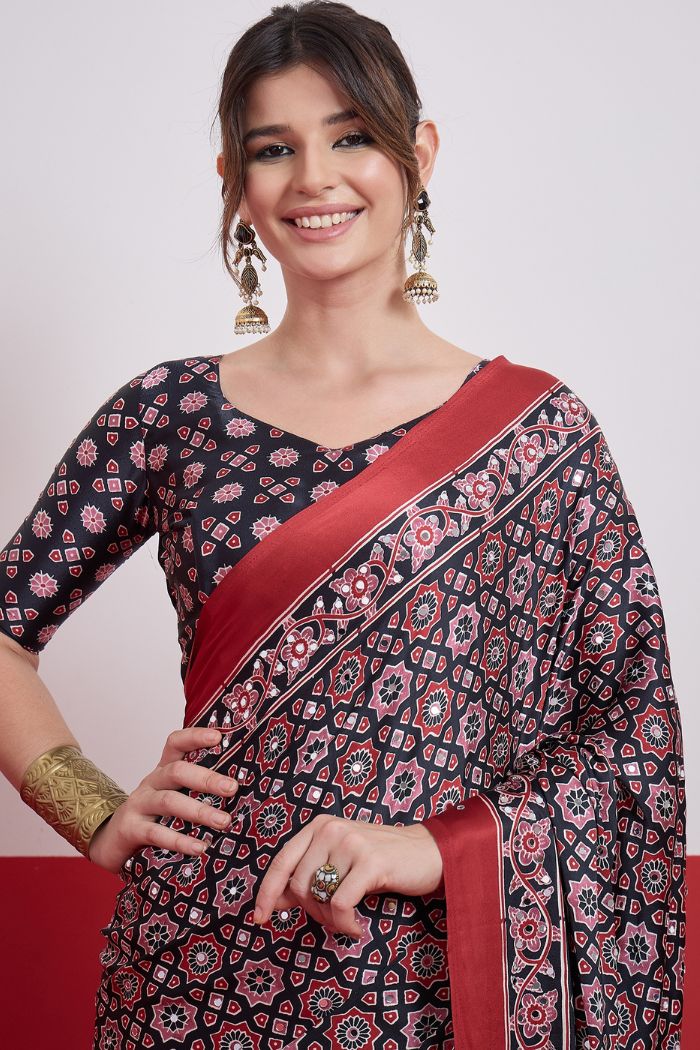 Buy MySilkLove Raven Black Modal Ajrakh Satin Printed Mirror Work Saree Online