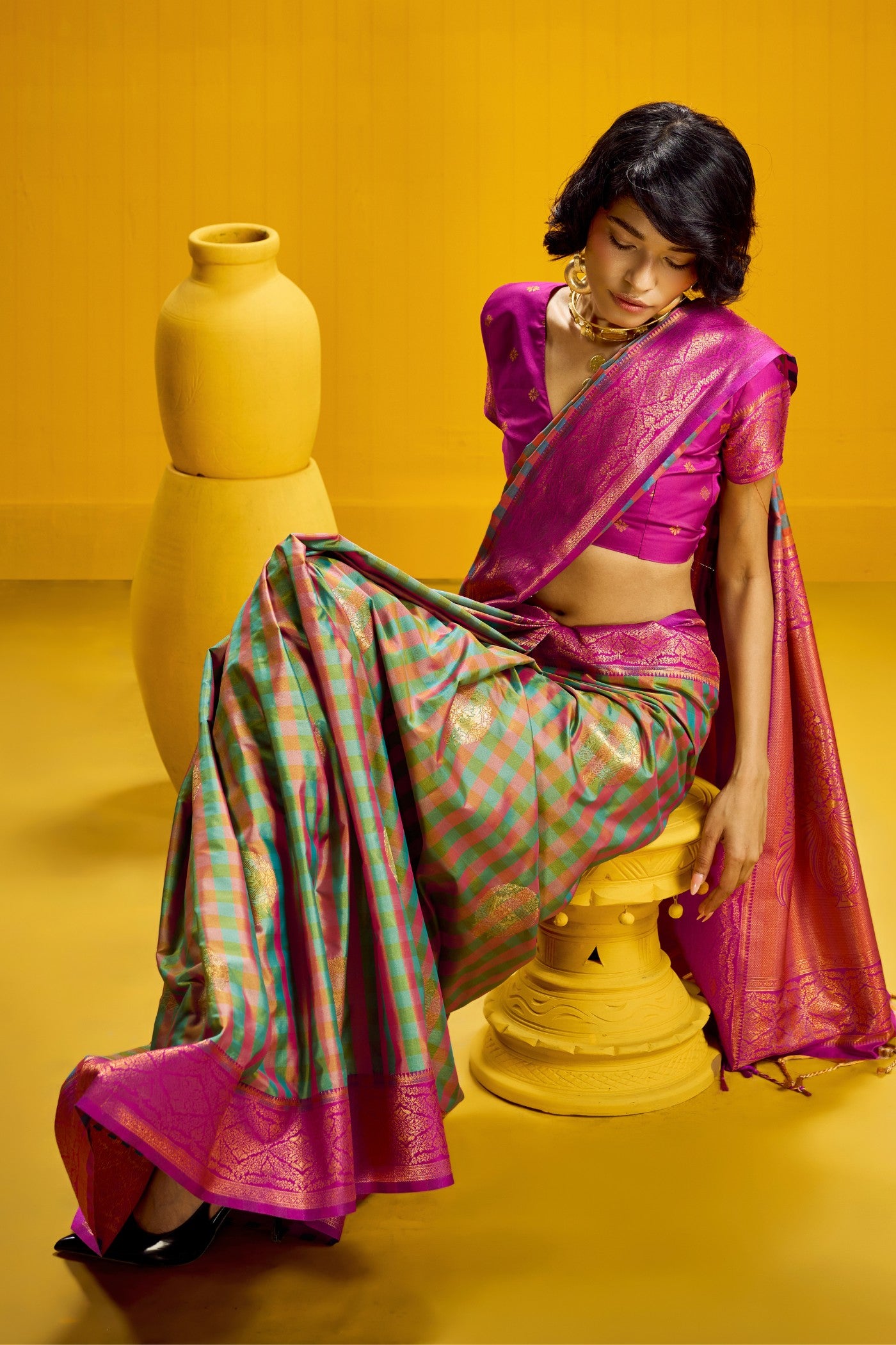 Buy MySilkLove Emerald Green Banarasi Two Tone Checks Handloom Saree Online