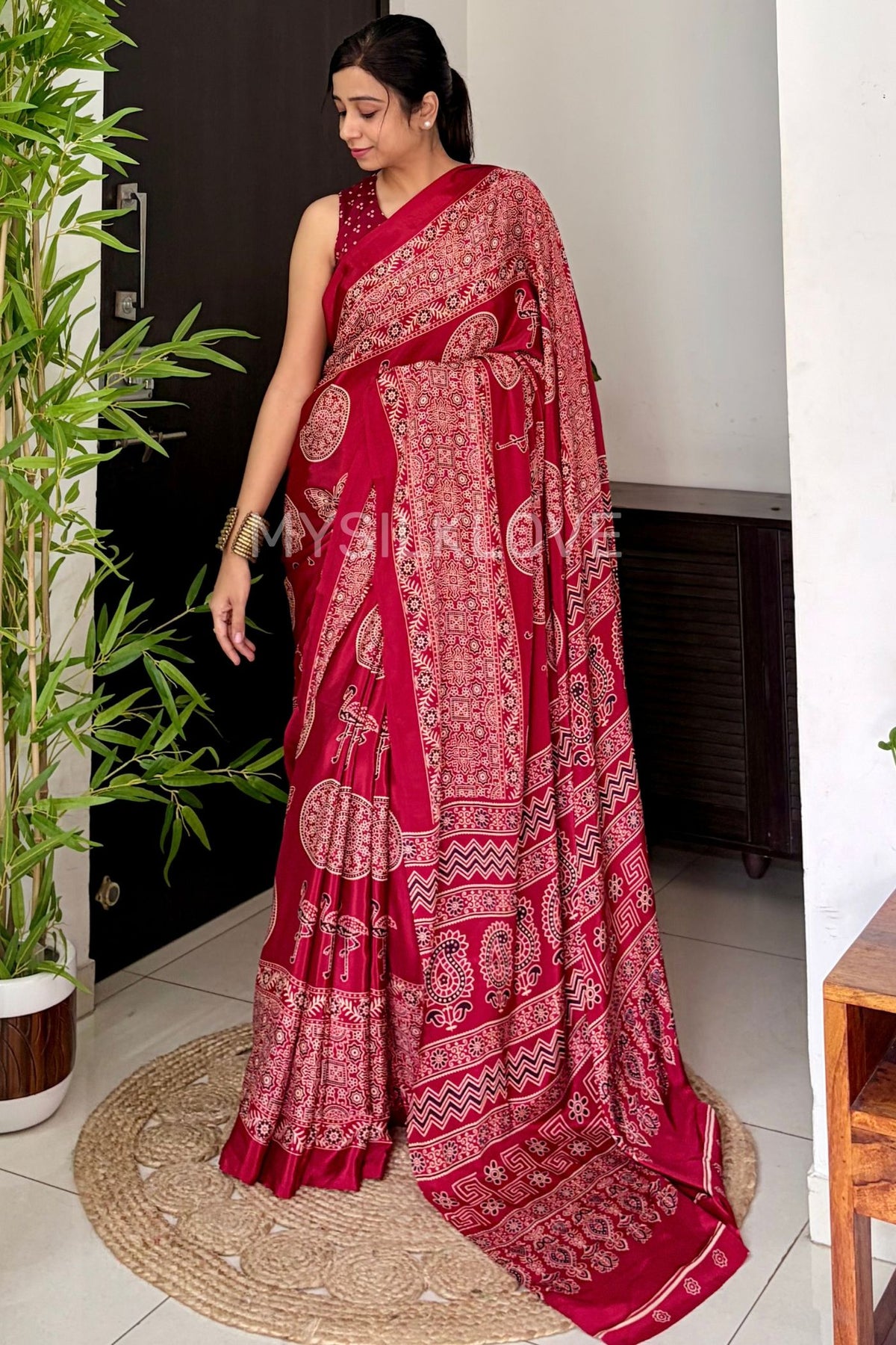 Buy MySilkLove Rose Red Ajrakh Satin Printed Silk Saree Online