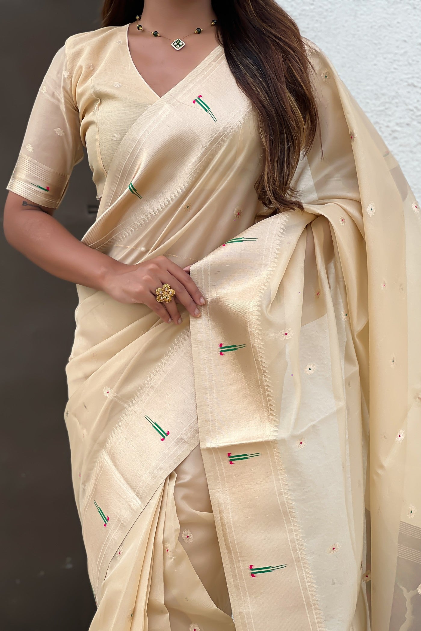 Buy MySilkLove Milk White Organza Woven Paithani Saree Online