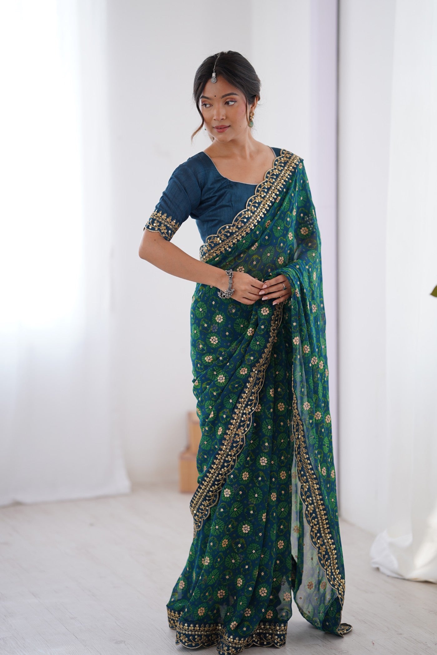 Buy MySilkLove Peacock Blue Embroidery Georgette saree Online