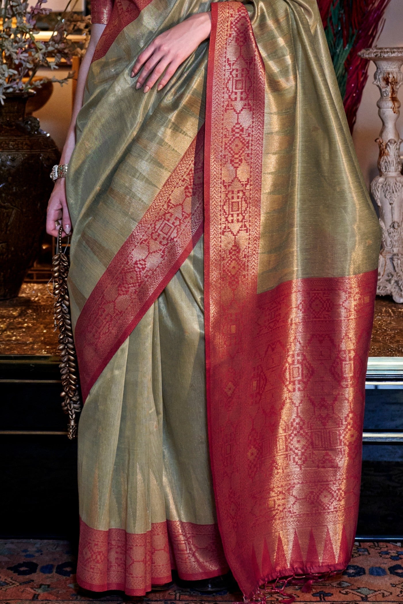 Buy MySilkLove Lime Green Woven Tissue Silk Saree Online